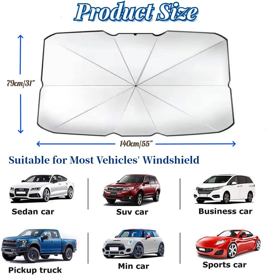 Windshield Sun Shade for Car, Car Window Shade, Foldable Car Umbrella Sunshade Cover Car Front Window, Blocks UV Rays Sun Visor Protector Sunshade for Interior Protection, Car Accessories (55"X31")