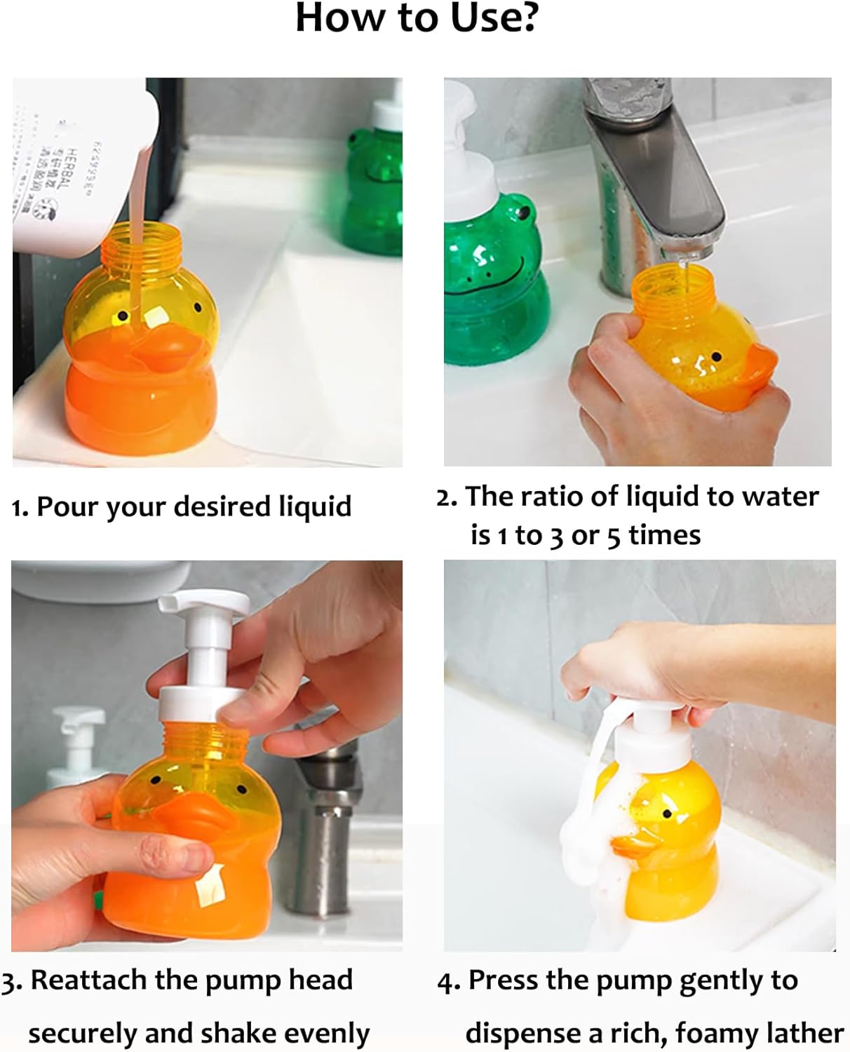 MXY 2 Pack Foaming Soap Dispenser Refillable Pump Bottle Foam Liquid Hand Soap Empty Plastic Container Reusable Empty Bottles for Hand Soap, Lotion, Shampoo Cute Duck and Frog Designs (10Oz, 300Ml) image number 3