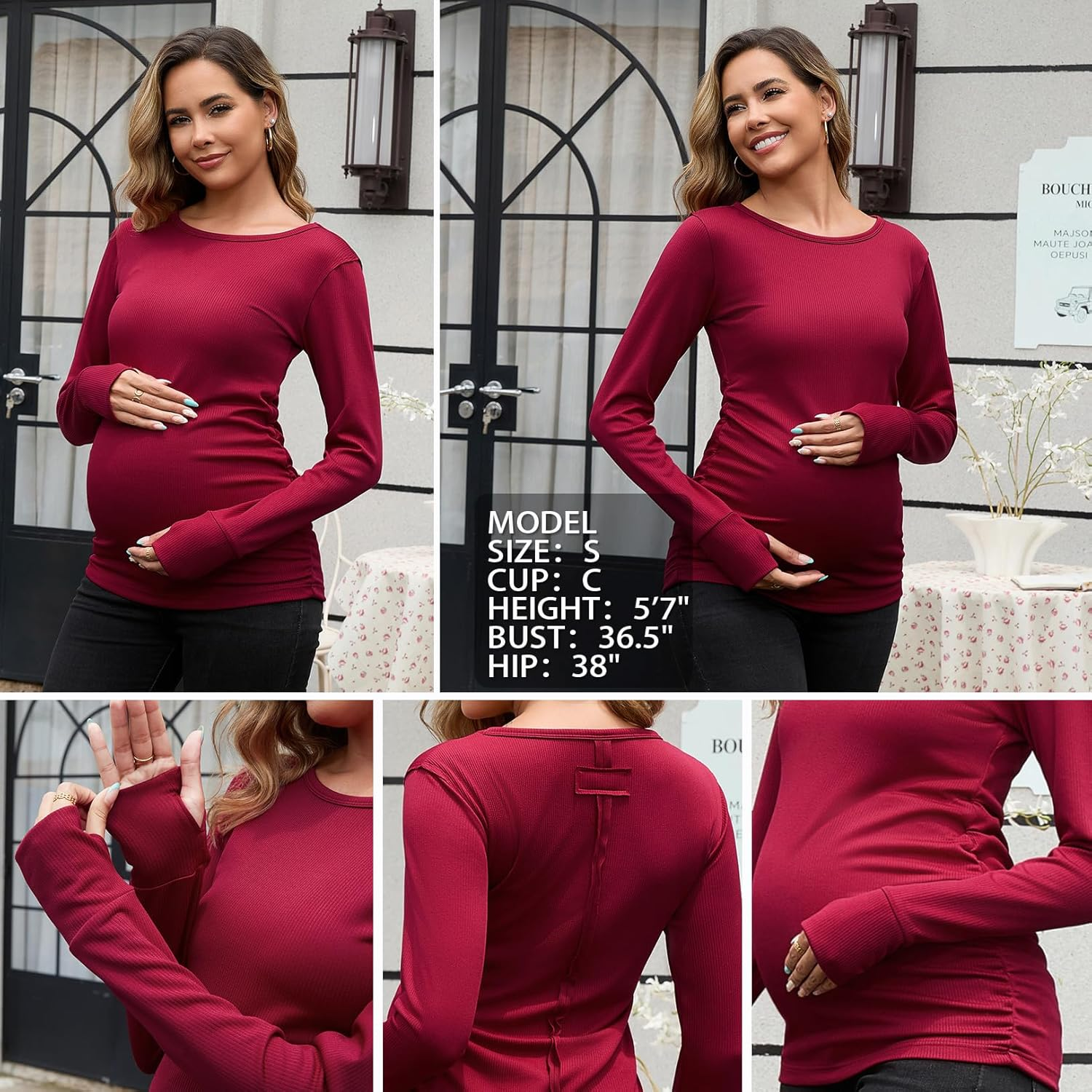 GINKANA Womens Maternity Long Sleeve Shirts Casual Slim Fitted Crew Neck Pregnancy Tops Pullover Shirts with Thumbholes image number 6