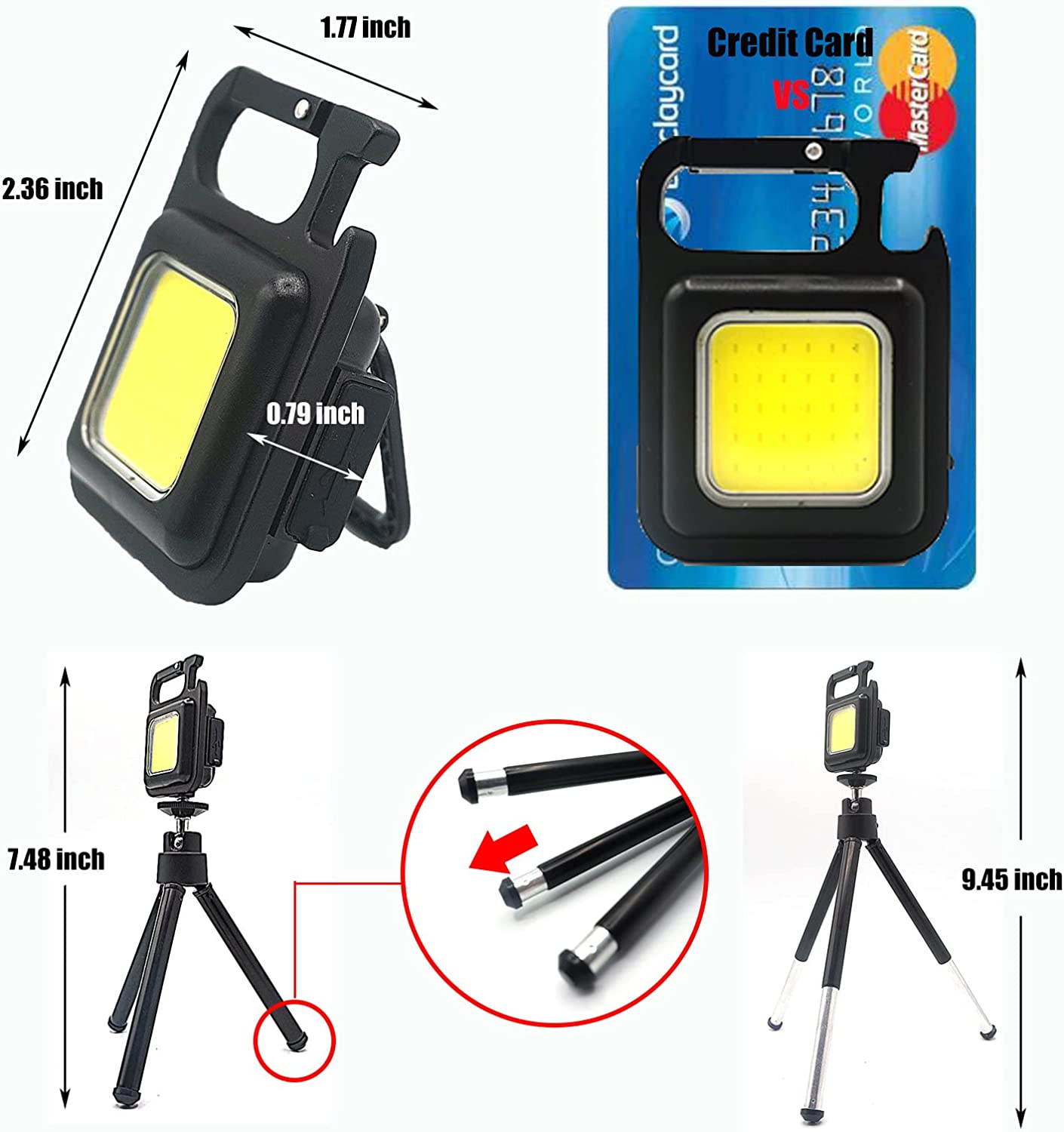 Mini COB Keychain Flashlight(500 Lumens), CREVIV Rechargeable Mini COB Light with Collapsible Bracket and Magnet, Portable Pocket Light with Bottle Opener, Used for Emergency Lighting（Tripod Included） image number 3