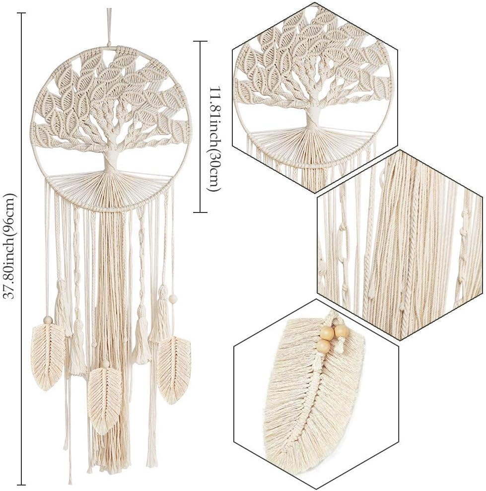Tree of Life Large Dream Catcher, Boho Macrame Dreamcatcher with Feather Leaf | Large Woven Wall Hanging for Bohemian Wedding, Bedroom, Nursery, Cafe, or Gypsy Decor