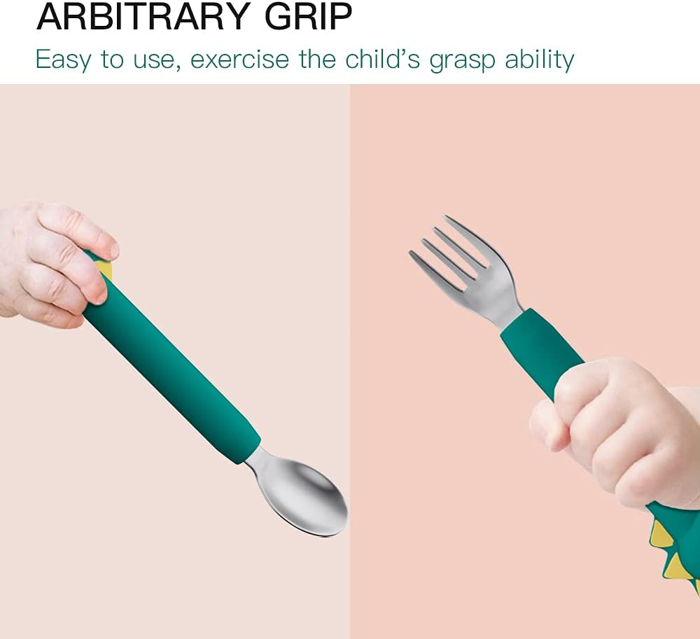 SFCCMM Baby Forks and Spoons Set Baby Training Utensils Self Feeding Toddler Silverware Silicone and Stainless Steel Kids and Toddler Utensil (Green Dinosaur - Long)