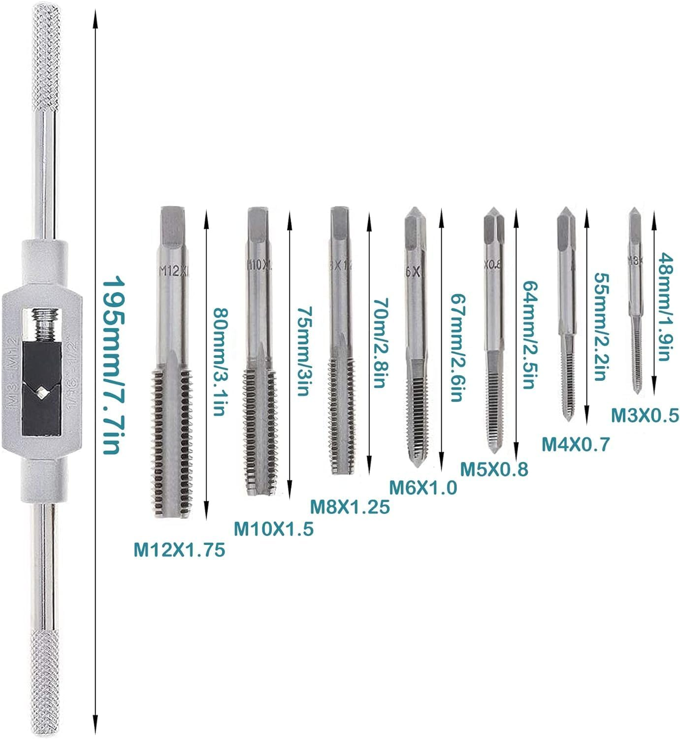 KEWAYO 8Pcs Metric Thread Tap Set, Tap Machine Hand Screw Thread Taps Set with M3-M12 Taps and Adjustable Wrench 1/16"-1/2", for Woodworking and Machinery Repair image number 4