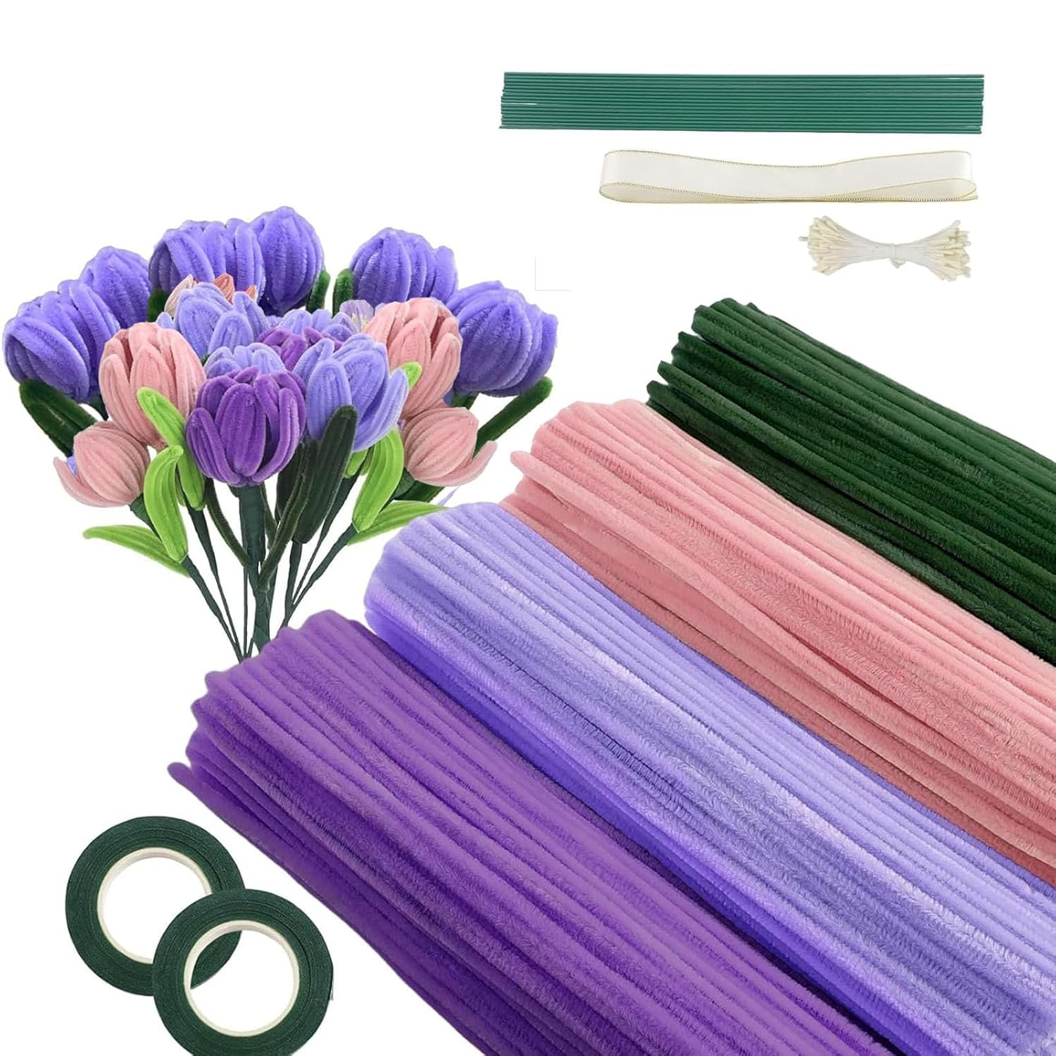 400 Pcs Pipe Cleaners Craft,4 Assorted Colors Pipe Cleaners Bulk, Chenille Stems for DIY Flower Making Kit with Floral Wires, Gardening Tape,Stamen& Ribbon(Purple)