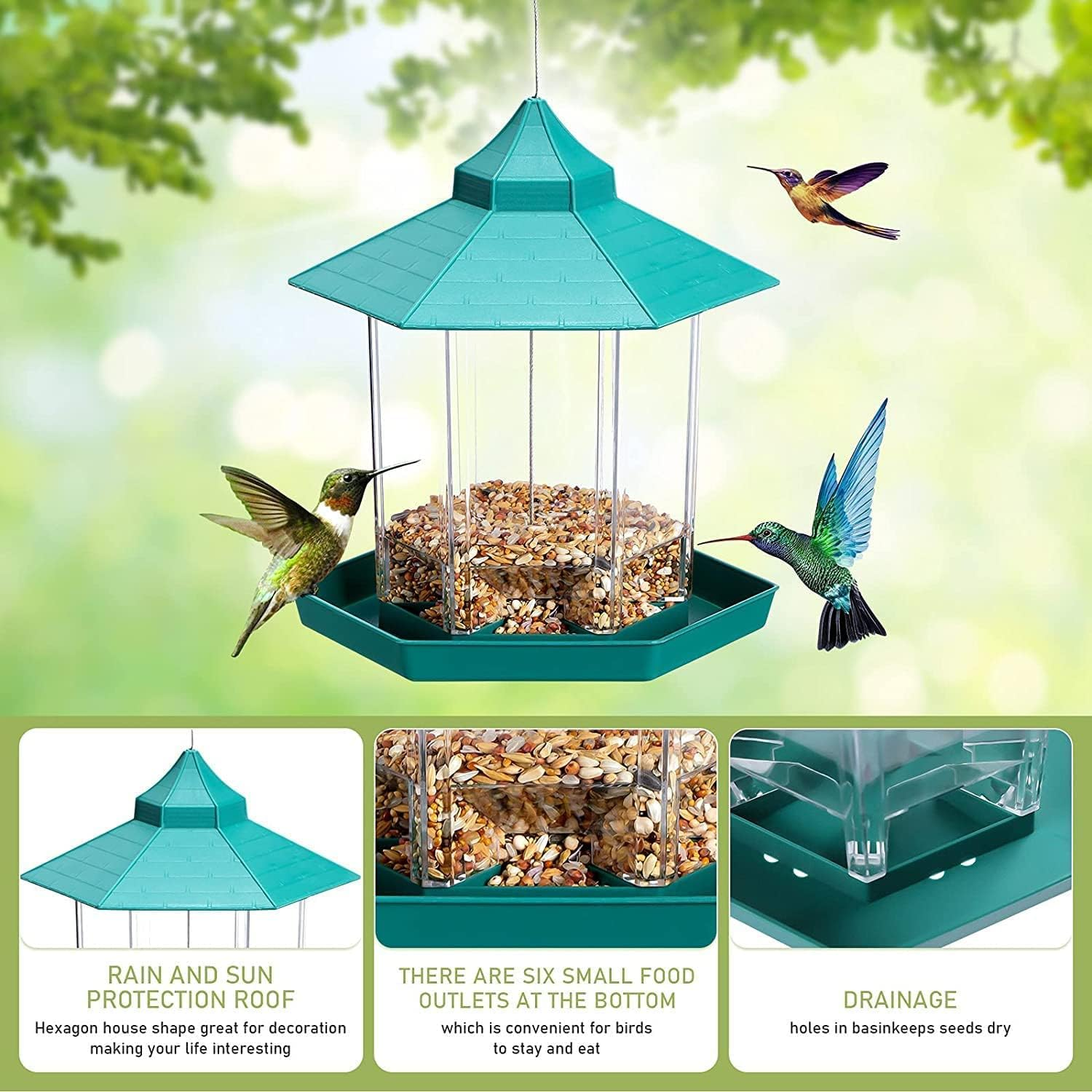 Bird Feeder for Wild Birds, Waterproof Roof Hanging Garden Decoration and Kids Wild Bird Feeder Kits, Durable Squirrel-Proof Bird Feeders Outside, Automatic Feeder Great for Attracting Birds (GE) image number 1