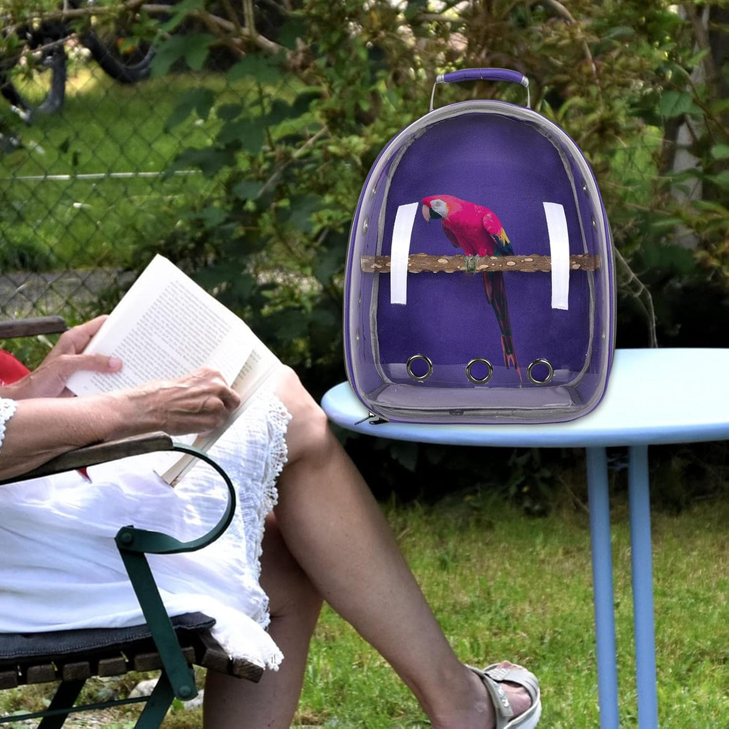 Bird Carrier Bag Pet Backpack Parrot Cage Large Space with Standing Perch Lightweight Carry Bag for Finches - Purple image number 1