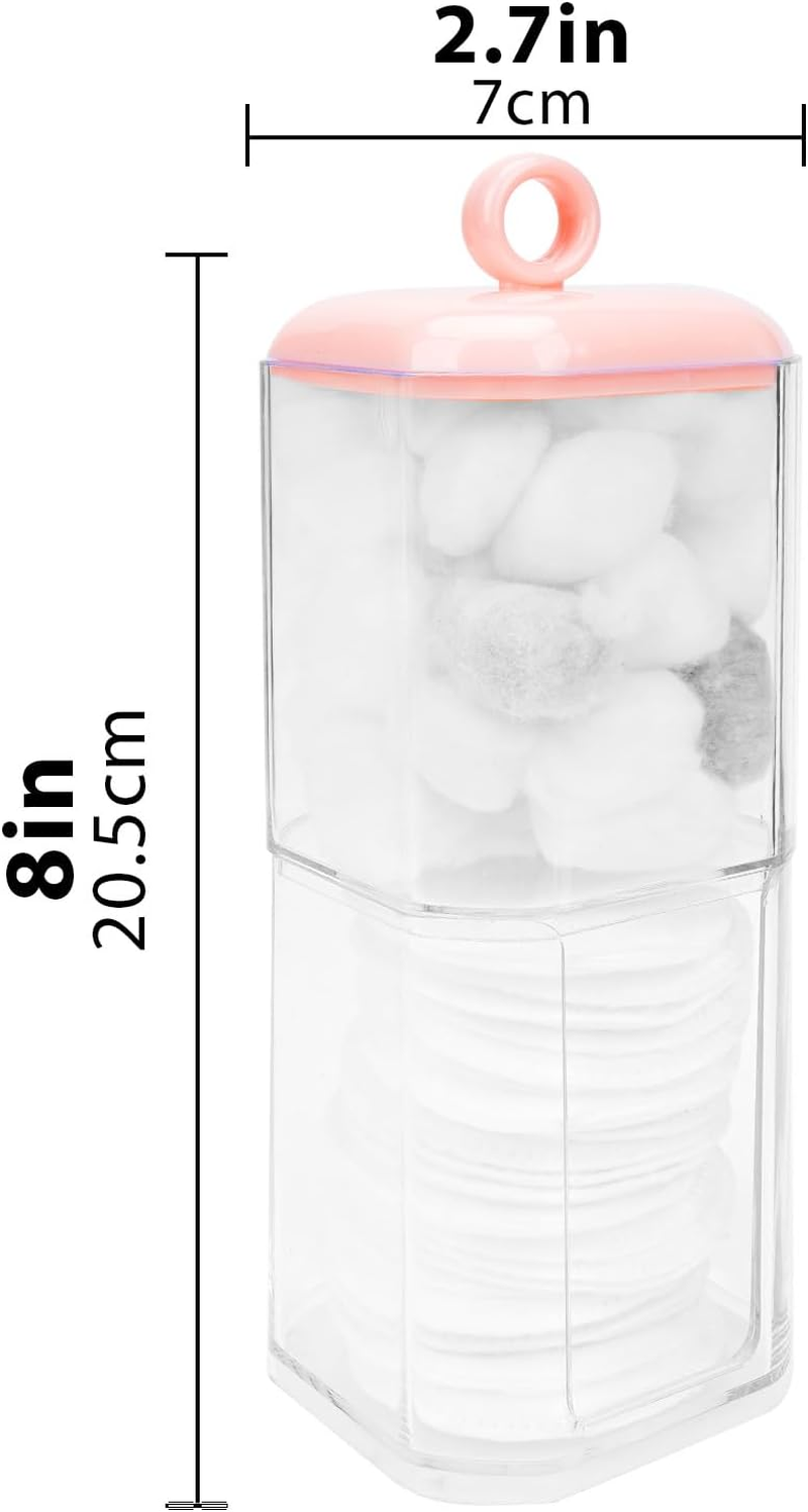 Reignsword Double Layer Cotton Swab Holder Dispenser, Plastic Storage Containers with Lid for Bathroom Vanity Countertop, Clear Bathroom Canisters for Cotton Swab, Ball, Cotton Pad (Pink) image number 1