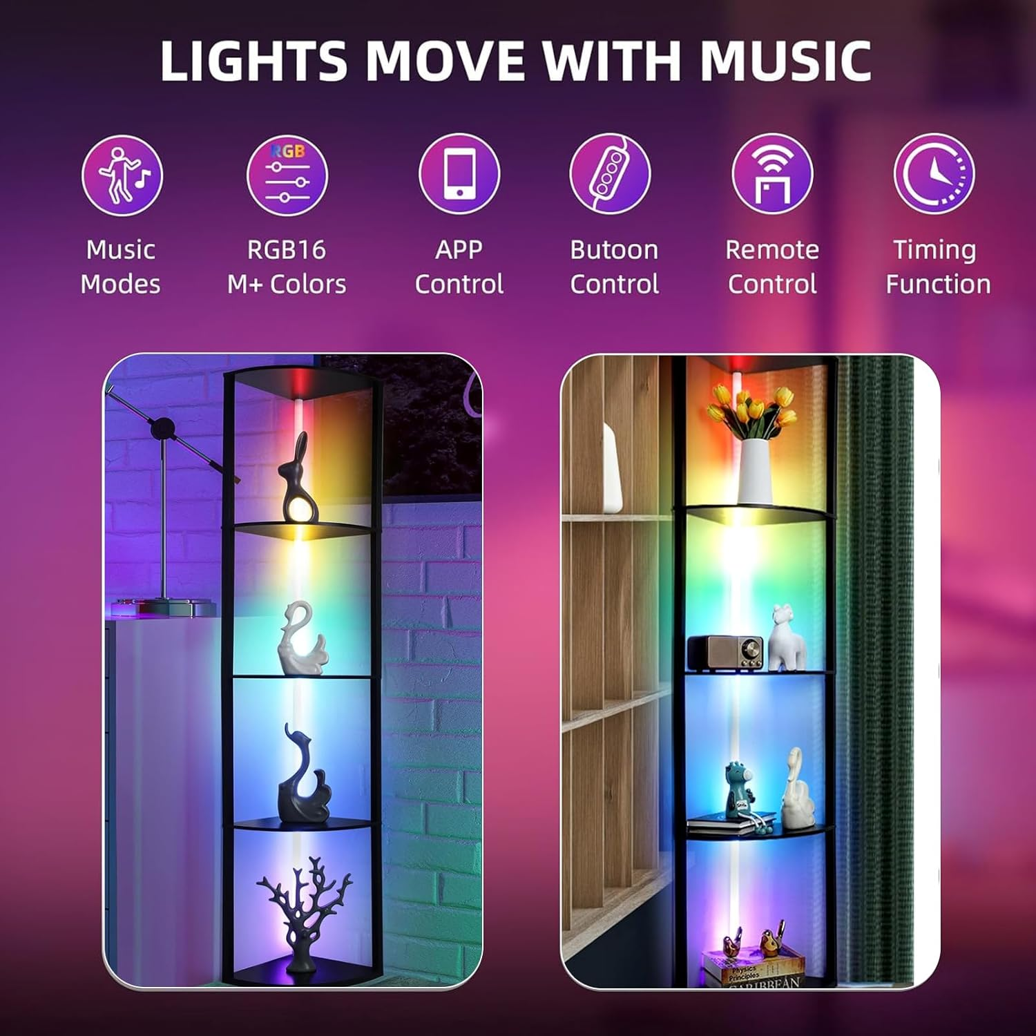 5 Tiers Corner Shelf with Light, 162Cm LED Corner Bookshellf Standing Floor Lamp via App and Remote Control, Corner Display Cabinet for Living Room Bedroom Home image number 6