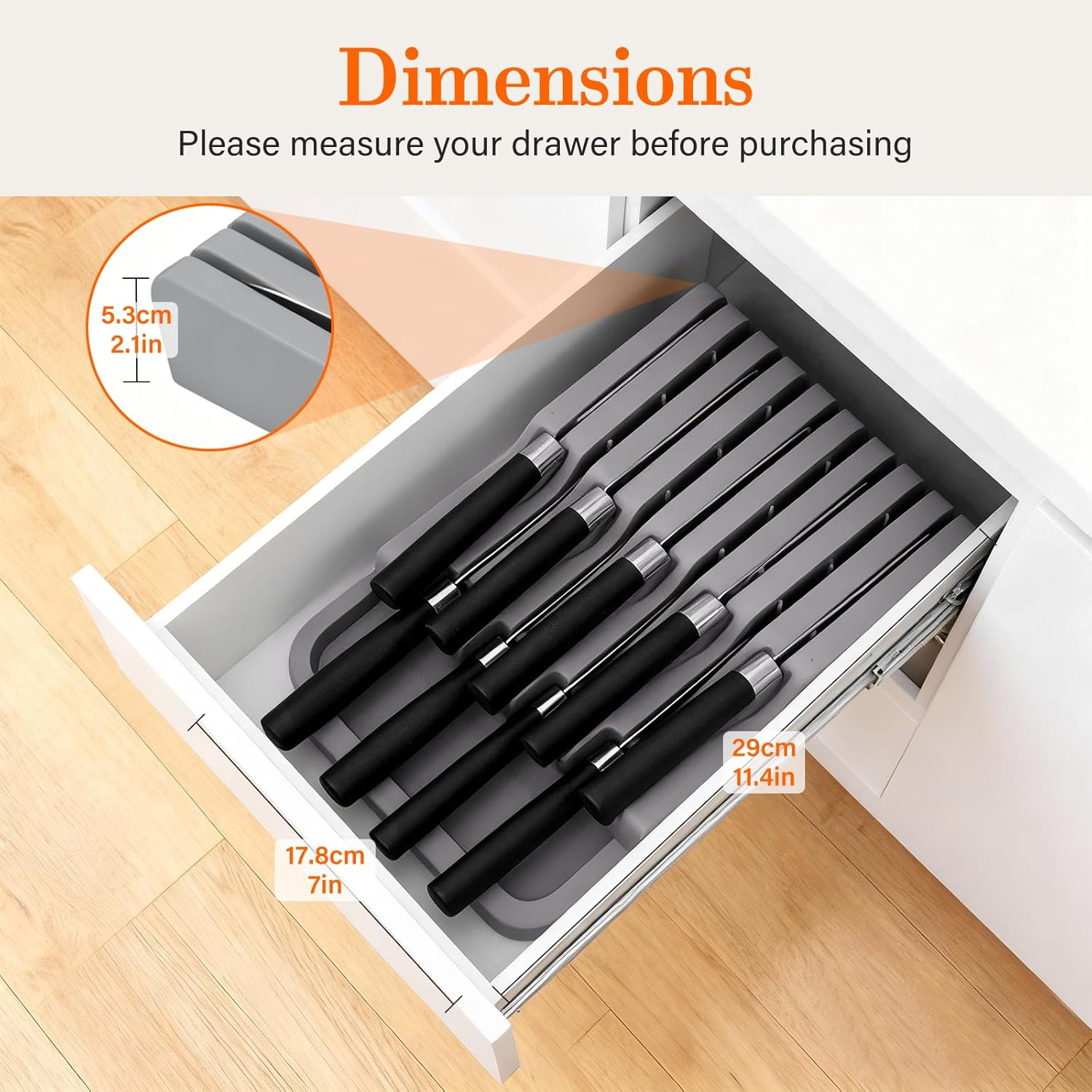 In-Drawer Knife Block, 2 Tier Knife Drawer Organizer for Kitchen, Knife Holder Drawer Insert with 9 Slots, Kitchen Organisation & Drawer Storage for Kitchen Countertops, Drawers image number 1