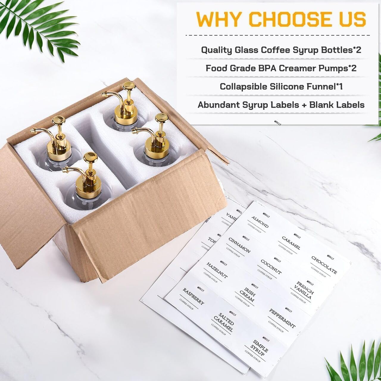 Coffee Bar Accessories,Mhdcly Coffee Syrup Dispenser - 4Pack,16.9Oz Syrup Dispenser with Labels,Syrup Pump Dispenser for Coffee Bar(Gold Pump) image number 1