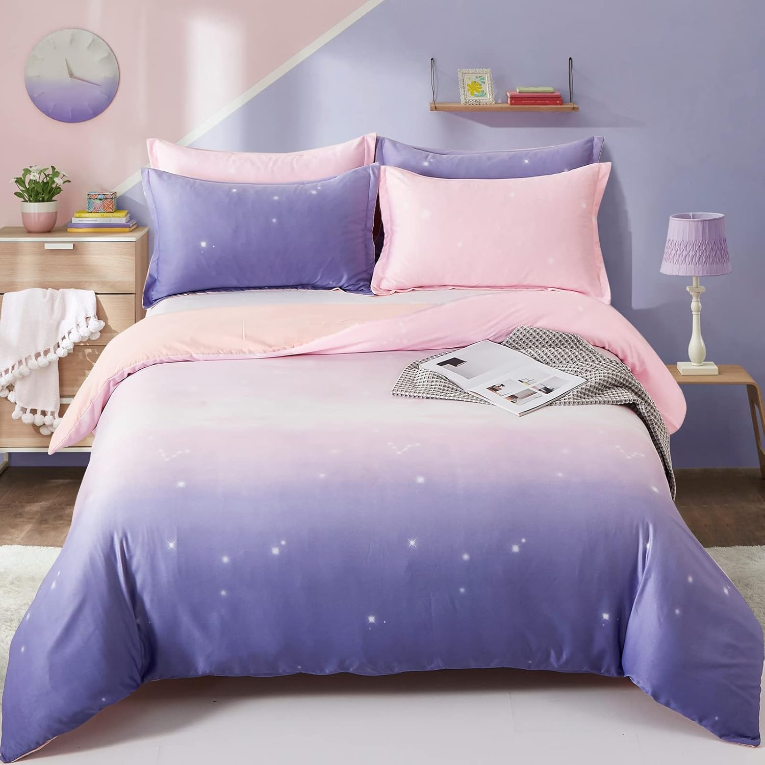 Purple Bedding Set Pink Gradient Duvet Cover Rainbow Quilt Cover Pillowcase with Zipper Closure for Kids Girls Teens Adults (Single Size 135X200Cm)