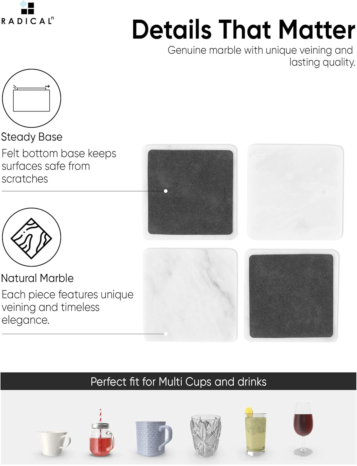 Radicaln Marble Coaster Set with Holder 3.5" Inches White Square Handmade Coasters Set of 6 for Coffee Bar Accessories Drink Coasters for Coffee Table D&eacute;cor Coasters for Drinks image number 5
