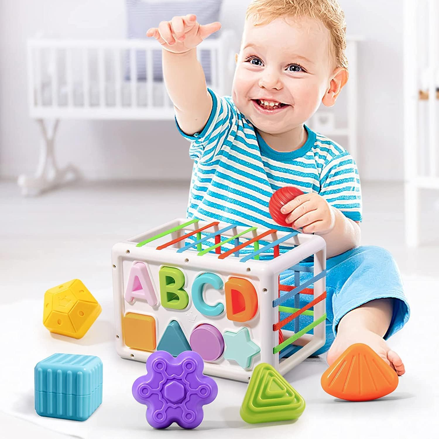 Baby Sensory Shape Sorter Blocks Toy, Activity Cube, Montessori Educational Learning Fine Motor Skills Toys for Babies Toddlers image number 4