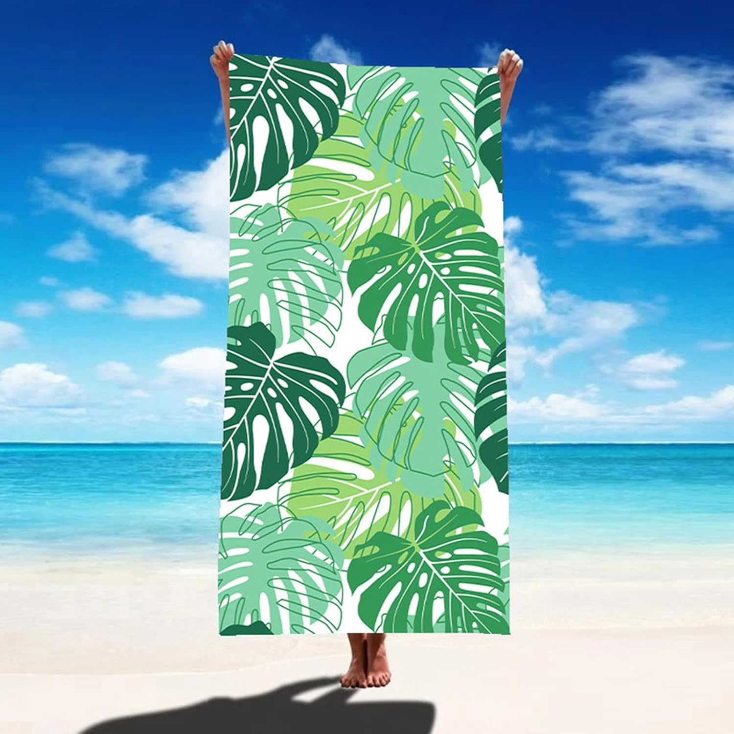 Microfiber Lightweight Beach Towel Sand Free Travel Beach Towel Blanket-Quick Fast Dry Super Absorbent Thin Towels for Pool Swimming Bath Camping Yoga Gym (180X80Cm /70X32 Inch, Green Leaves)