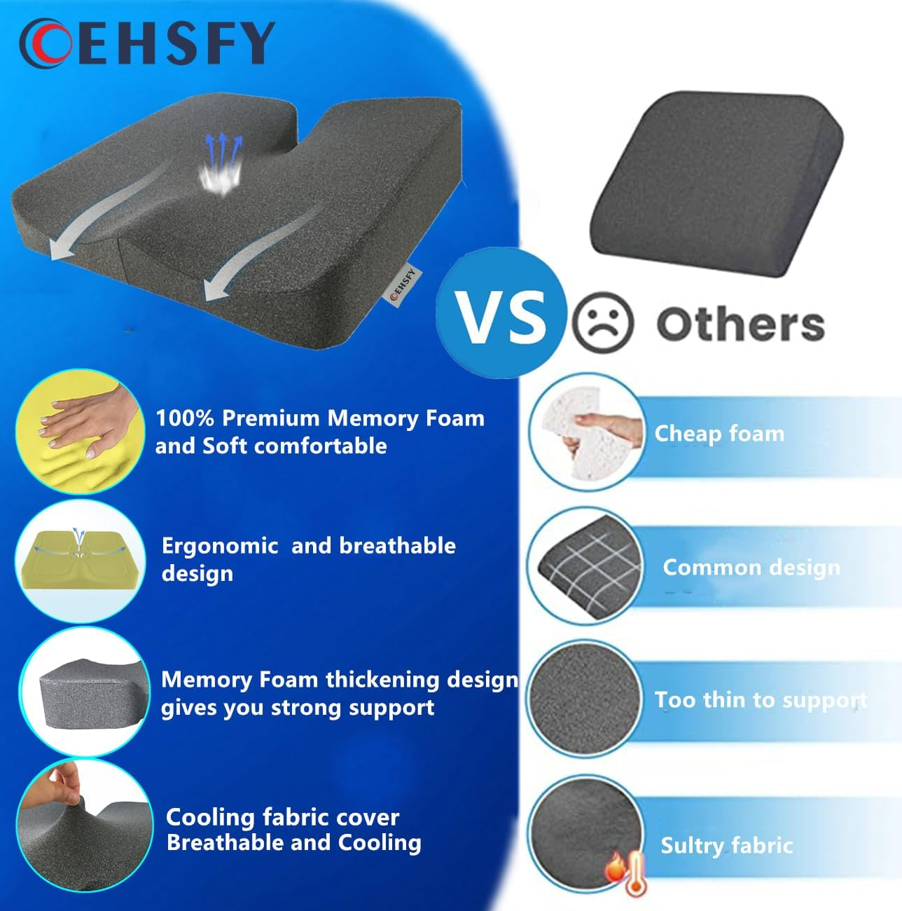 Seat Cushions for Office Chairs Memory Foam Pressure Relieving Pads Comfort Coccyx Pillow Booster Cushion for Chairs Car Seats Wheelchair（Grey）