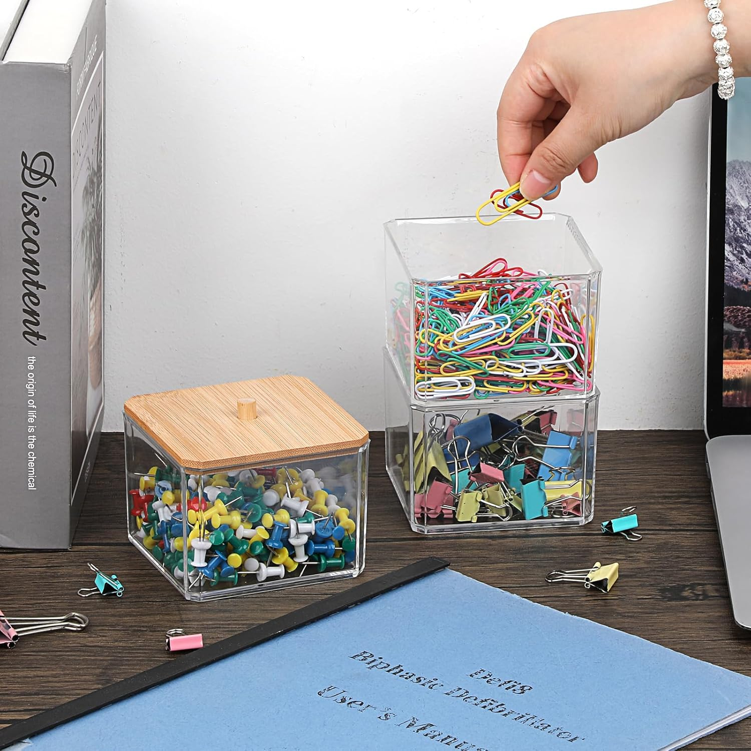 BTSKY Clear Stackable Paper Clip Holder with Bamboo Lid 3-Layer Paperclip Box Thick Acrylic Office Supply Accessory Organizer Square Small Storage Holder Cute Qtip Holder for Office Bathroom Vanity image number 3