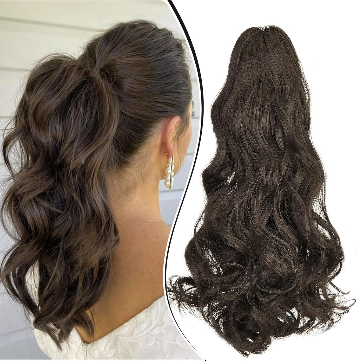 Dcbaboo Claw Clip in Ponytail Hair Extensions Long Wavy 18Inch Ponytail Extension Curly Wave Synthetic Jaw on Pony Tails Natural Hairpiece Fake Ponytail for Women, Medium Brown image number 5