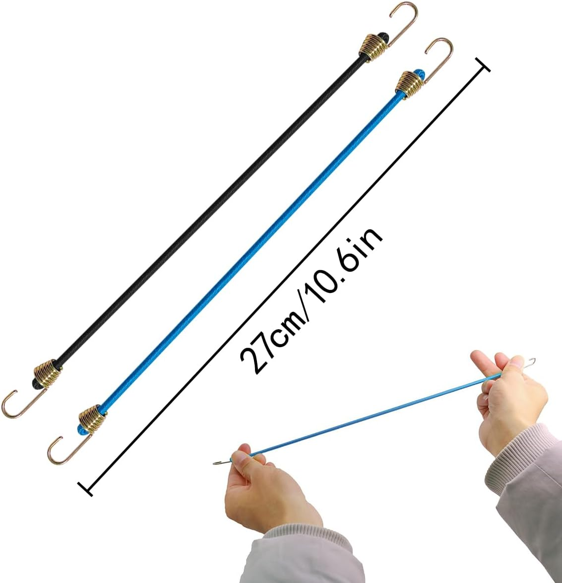 NILLOS Elastic Bungee Cords, 10 PCS Black and Blue Elastic Rope Rubber Strap with Metal Hooks for Bikes, Wire Racks, Tents, Luggage (About 27Cm/10.6In) image number 6