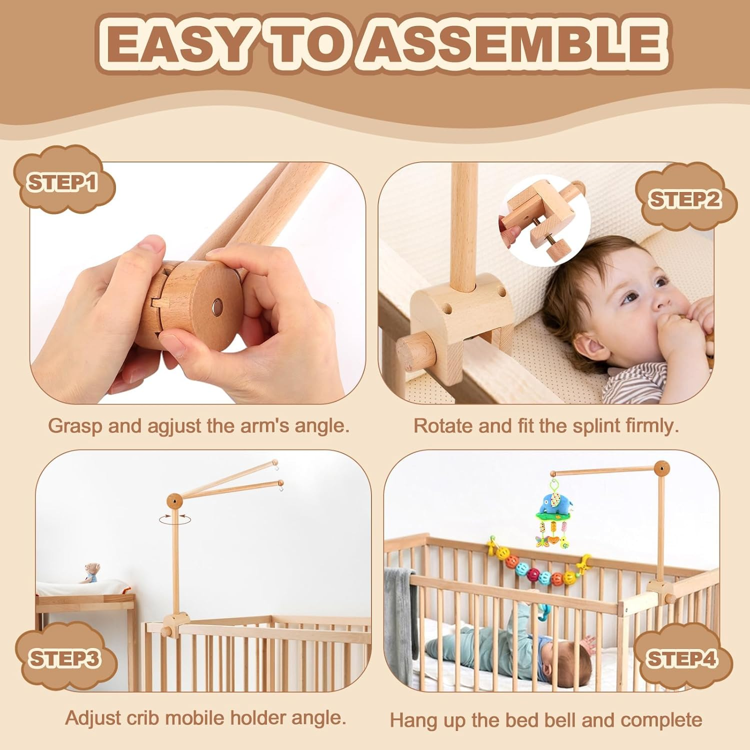 Wooden Crib Mobile Arm,Baby Cot Holder Height Adjustable for Nursery Decor for Nursery Mobiles,Mobile Holder for Hanging Cots and Changing Tables Mobiles Chimes Toys image number 4
