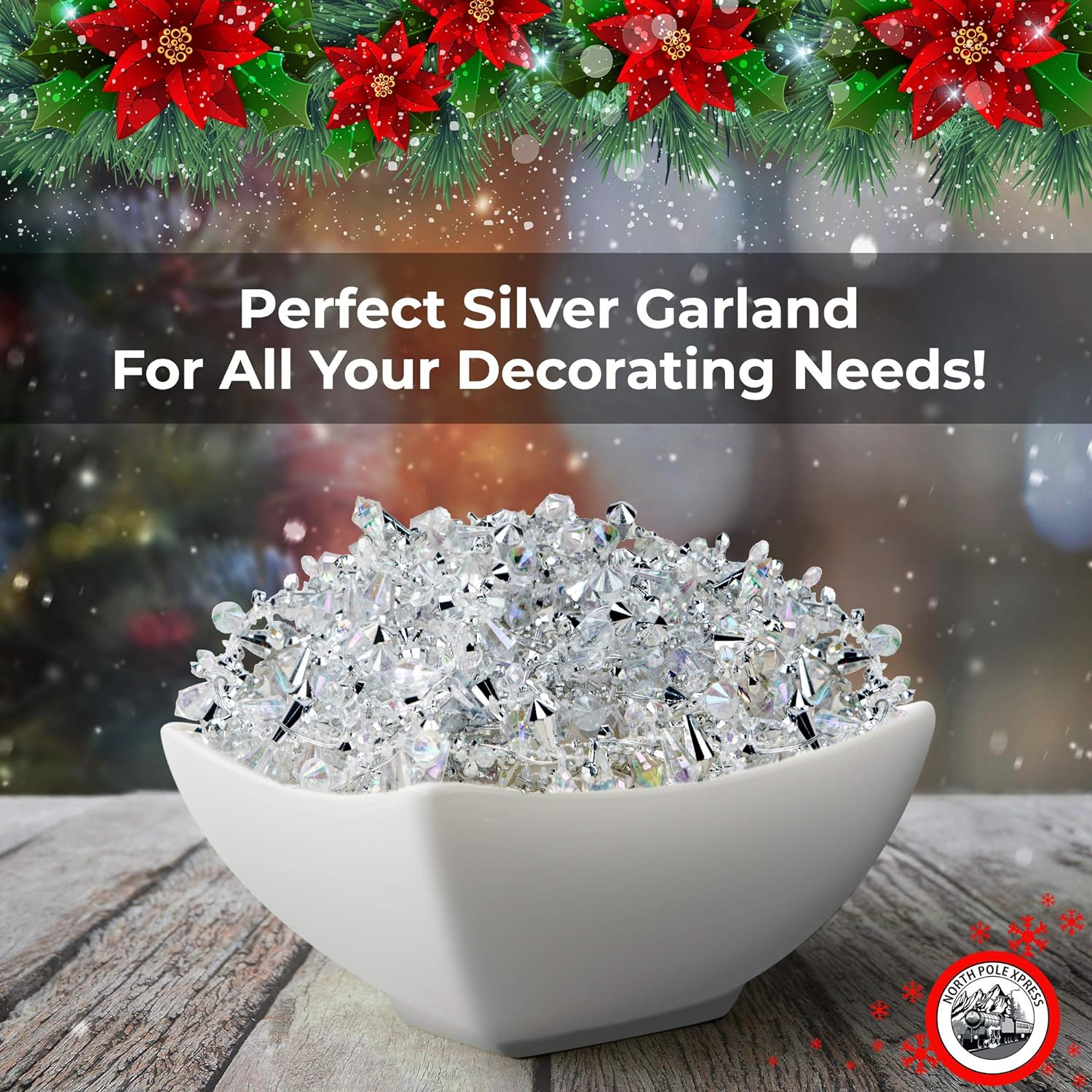 9 Foot Silver & Clear Crystal Acrylic Bead Christmas Garland | Iridescent Christmas Tree Garland Perfect for White Winter Theme Trees | Garland Christmas Decorations for Indoor Use image number 3