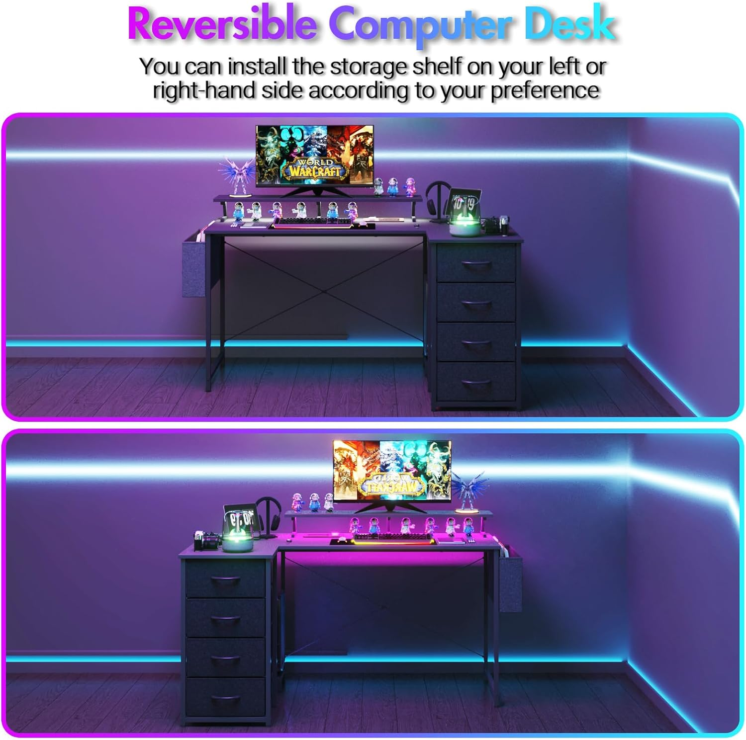 Advwin L Shaped Gaming Desk 140Cm Convertible Computer Desk with Monitor Stand Corner Desk Gaming Table with Drawers Black image number 6