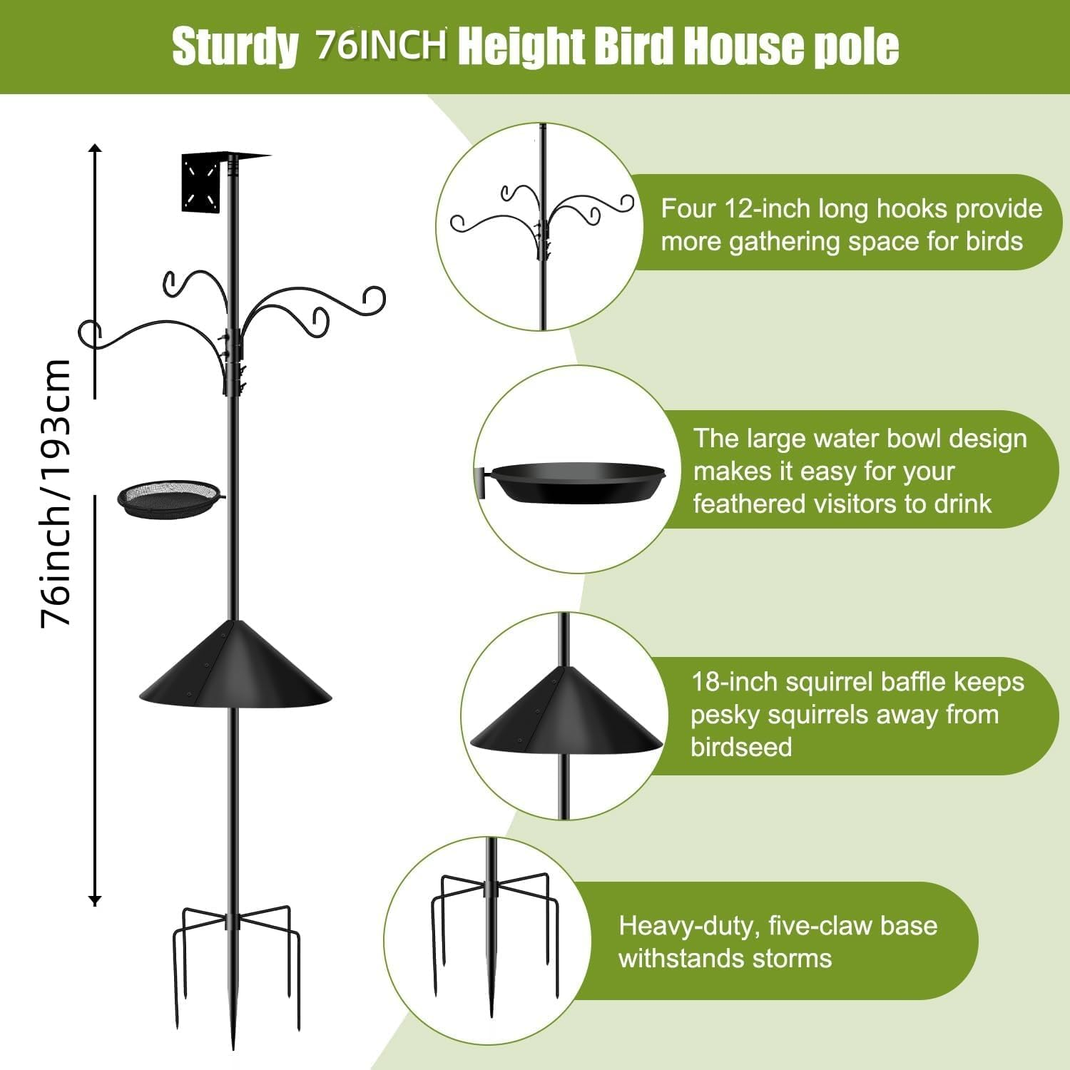 Heavy Duty Bird Feeder Pole Stand, 76 Inch Metal Bird Feeder Pole with Squirrel Proof Baffle, 4 Hooks and 2 Feeding Trays, 5-Prong Base Outdoor Birdhouse Stand, Garden Bird Feeding Station (Black) image number 2