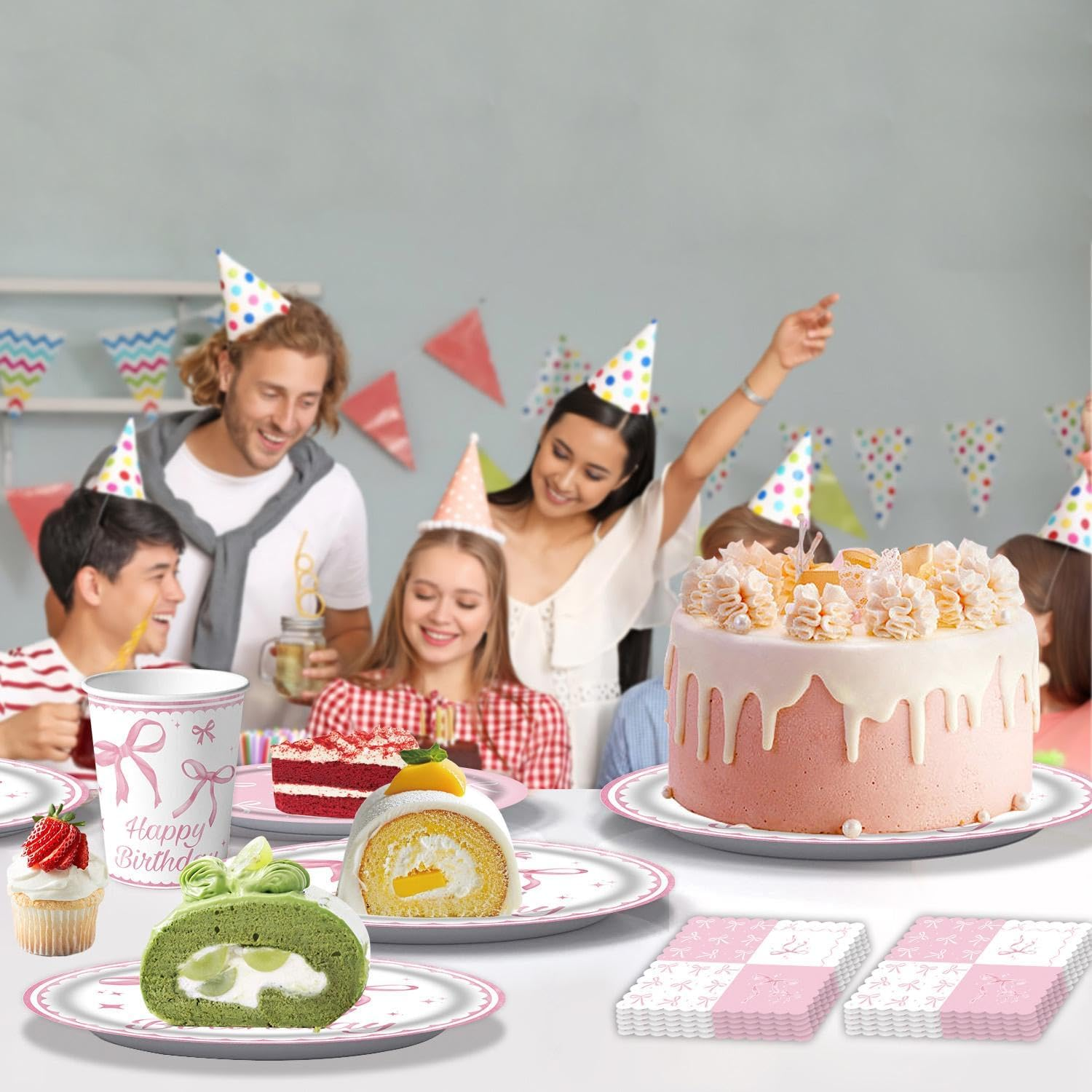 76PCS Happy Birthday Party Tableware Plates Romance Pink Bow Banner Tableware Set Valentine'S Day Party Decorations Theme Disposable Paper Plates Napkins Cups Tablecloth Party Table Decor Upgraded image number 2