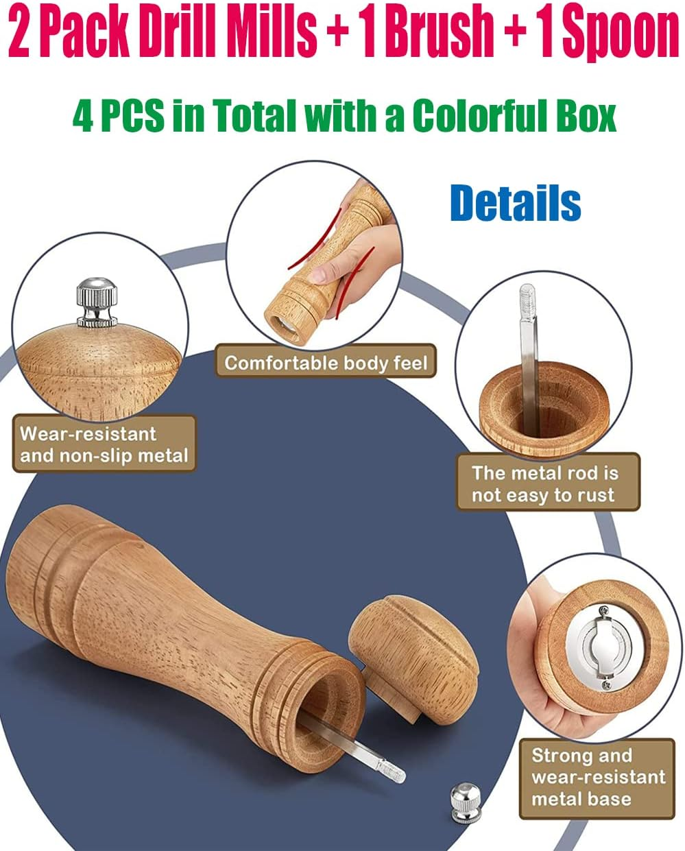 2 Pack Wooden Salt and Pepper Grinders with Cleaning Brush and Spoon, 20.3Cm/8Inch Refillable Manual Spice Grinder Mills Set, Kitchen Hand Peppercorn Shakers Mills with Adjustable Coarseness image number 1