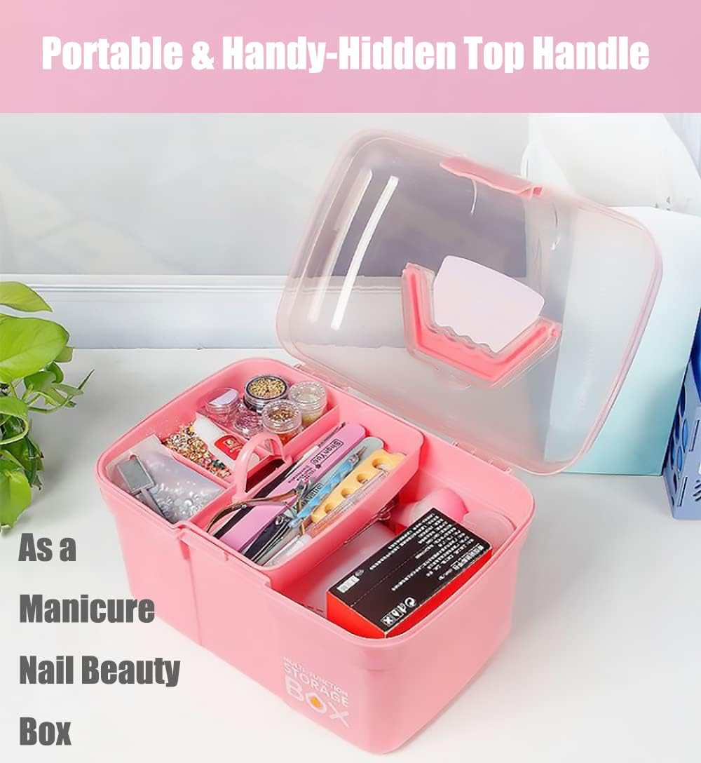 FOREVERIE Clear Plastic Medium Sewing Box Organiser with a Removable Tray, Arts & Crafts Supplies Storage Box, Portable Handled Makeup Box, Multipurpose Plastic Storage Containers (Pink) image number 6