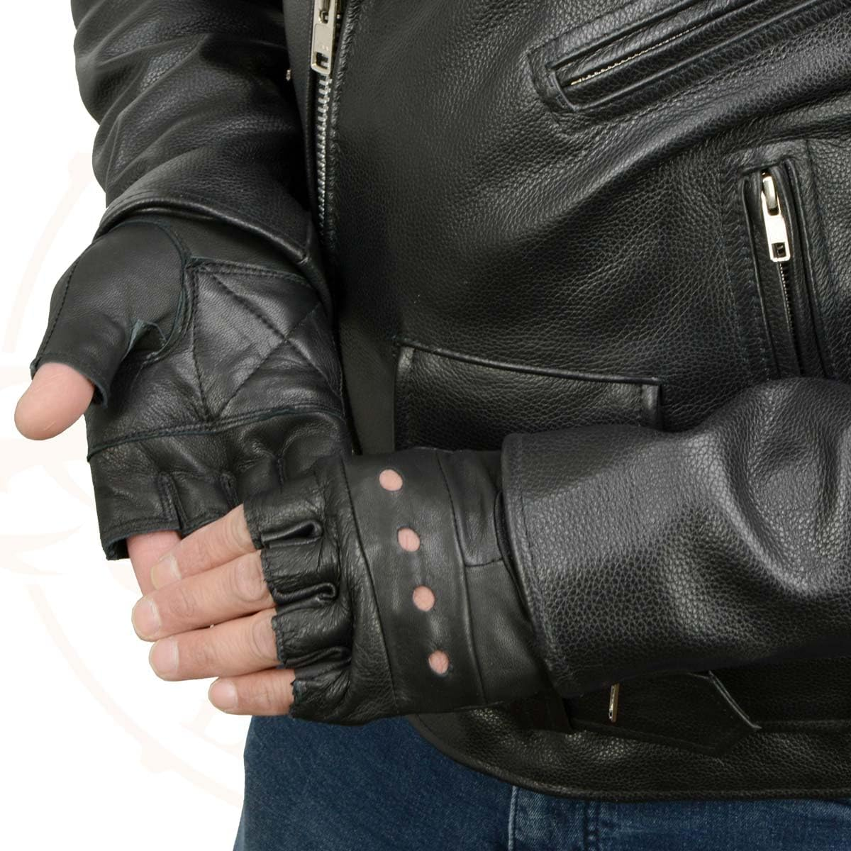 Milwaukee Leather SH216 Men'S Black Leather Fingerless Gloves with Padded Palm