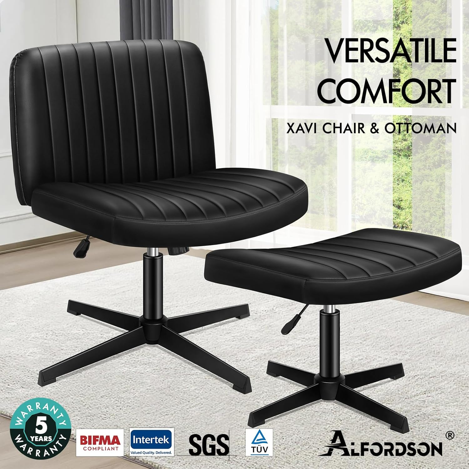 ALFORDSON Armless Criss-Cross Desk Chair with Ottoman Stool, Ergonomic Cross Leg Office Chair with Channel-Tufted Mid-Back Design, Tilt & Height Adjust and Swivel, 180Kg Max, Xavi PU Leather Black