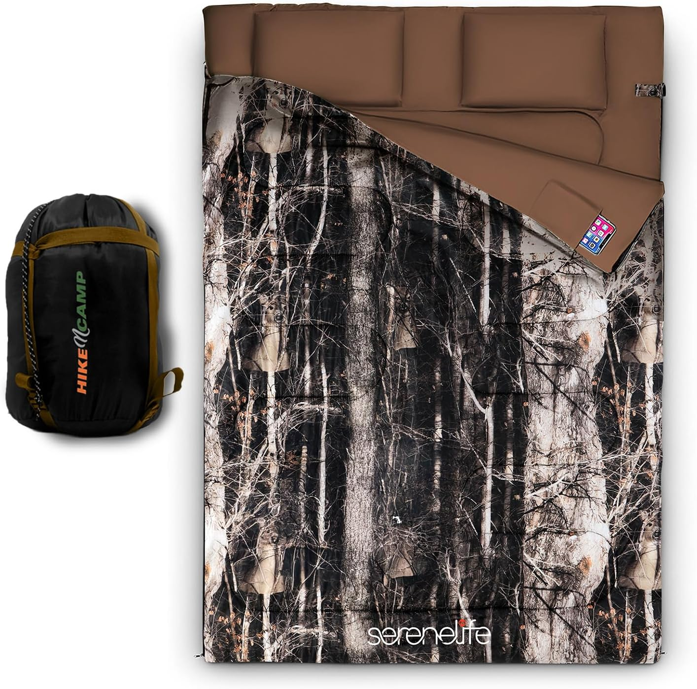 Backpacking Sleeping Bag Camping Gear - Double Sleeping Bag for Adults/Teens W/ 2 Pillows, Bag - Outdoor Lightweight Weather Proof Sleeping Bags - Camping, Hiking - Serenelife - Camouflage image number 3