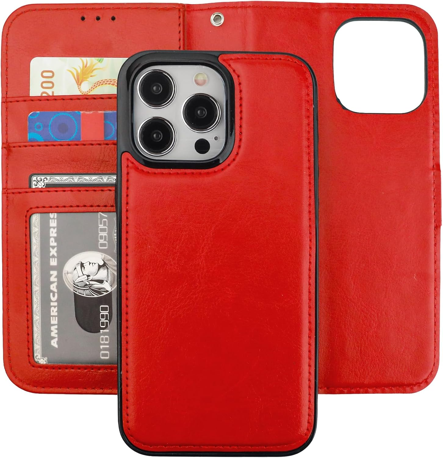 Bocasal Detachable Wallet Case for Iphone 15 Pro Max RFID Blocking Card Slots Holder Premium PU Leather Magnetic Kickstand Shockproof Wrist Strap Removable Flip Protective Cover 5G 6.7 Inch (Red) - Black image number 3
