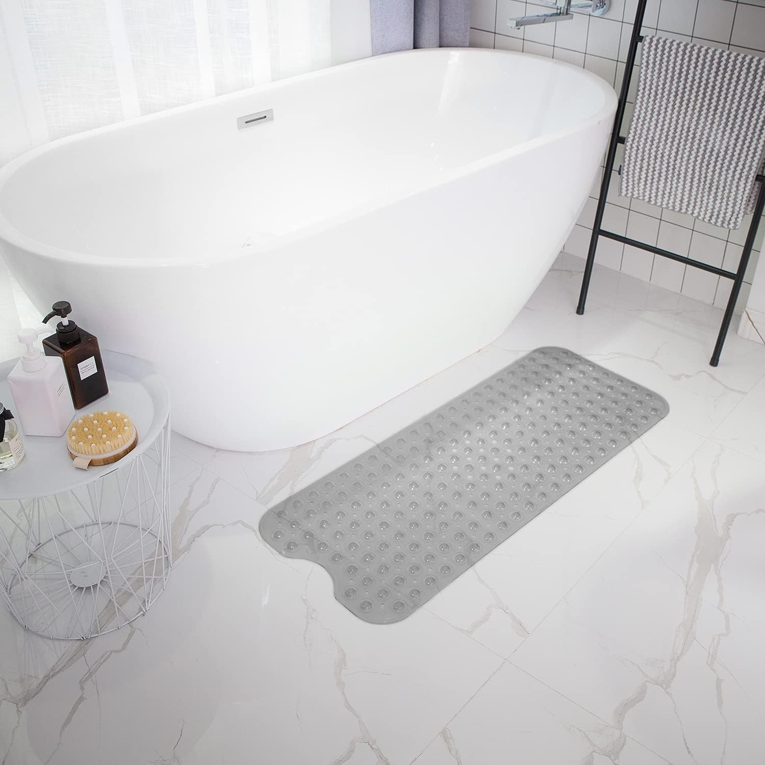 TEESHLY Bathtub Mats for Shower Tub Extra Long Non-Slip Bath Mat, 39 X 16 Inch Shower Mat with Drain Holes and Suction Cups, Bath Tub Mat for Bathroom with Machine Washable (Clear Grey) - Clear image number 6