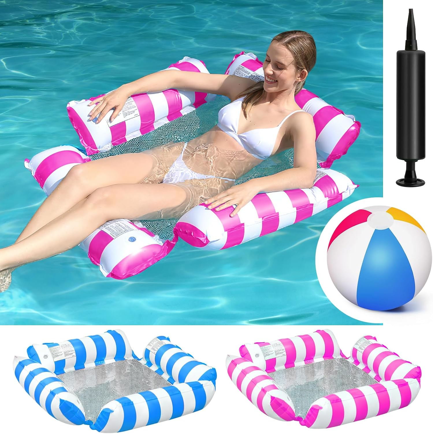 4 in 1 Adult Pool Floatboard with Pump and Beach Ball. Inflatable Pool Floatboard, Portable Water Hammock with Bottom Mesh for Summer Event Pool Party image number 6