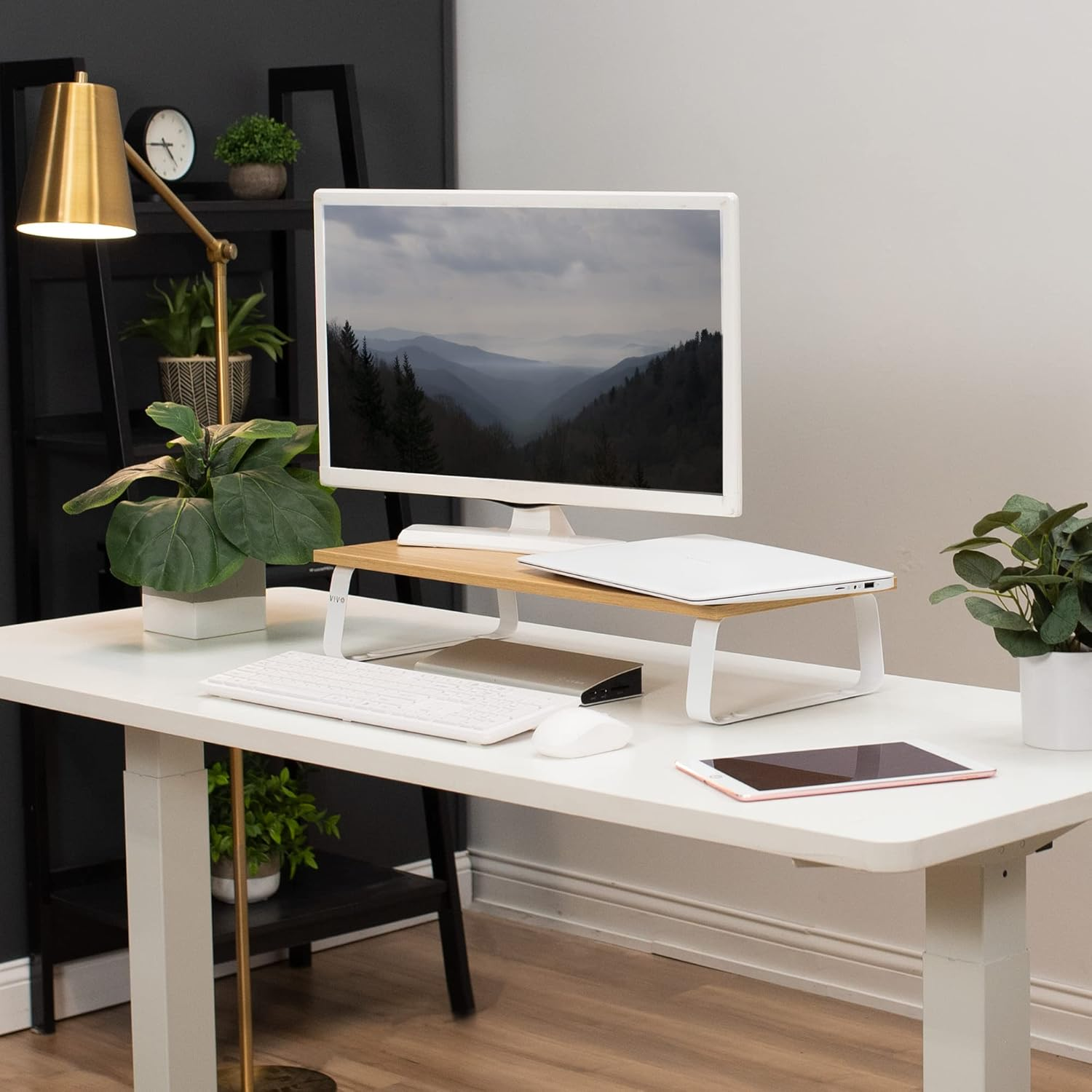 VIVO 24 Inch Monitor Riser, Wood and Steel Desktop Stand, Screen, Keyboard, Laptop, Small TV, Ergonomic Desk and Tabletop Organizer, Light Wood and White, STAND-V000WM