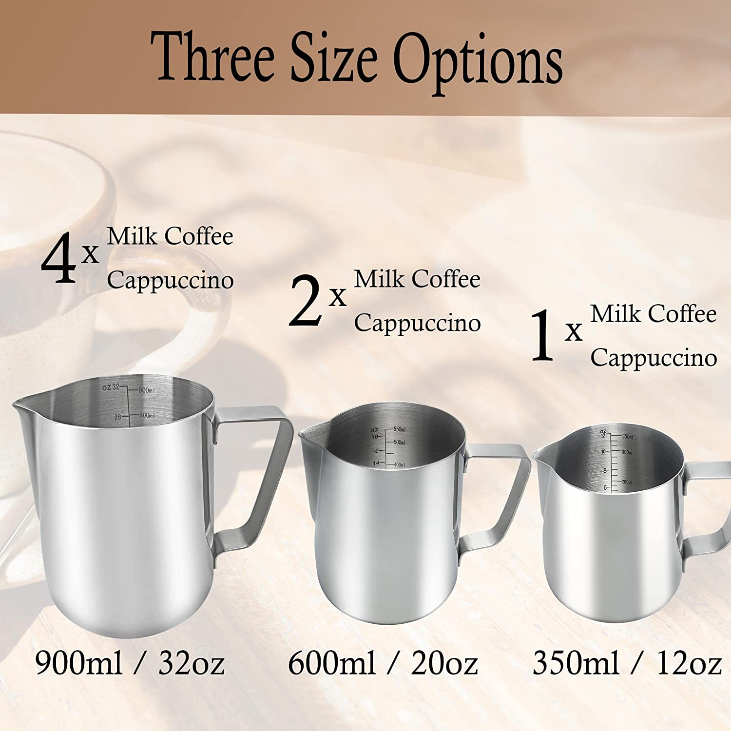 Yowamho Milk Frothing Pitcher,600Ml(20Oz) Quality Milk Jug Cup SUS304 Stainless Steel,Steaming Pitchers Frothing Jug Measurements inside for Milk Coffee Cappuccino Latte,Silver image number 4