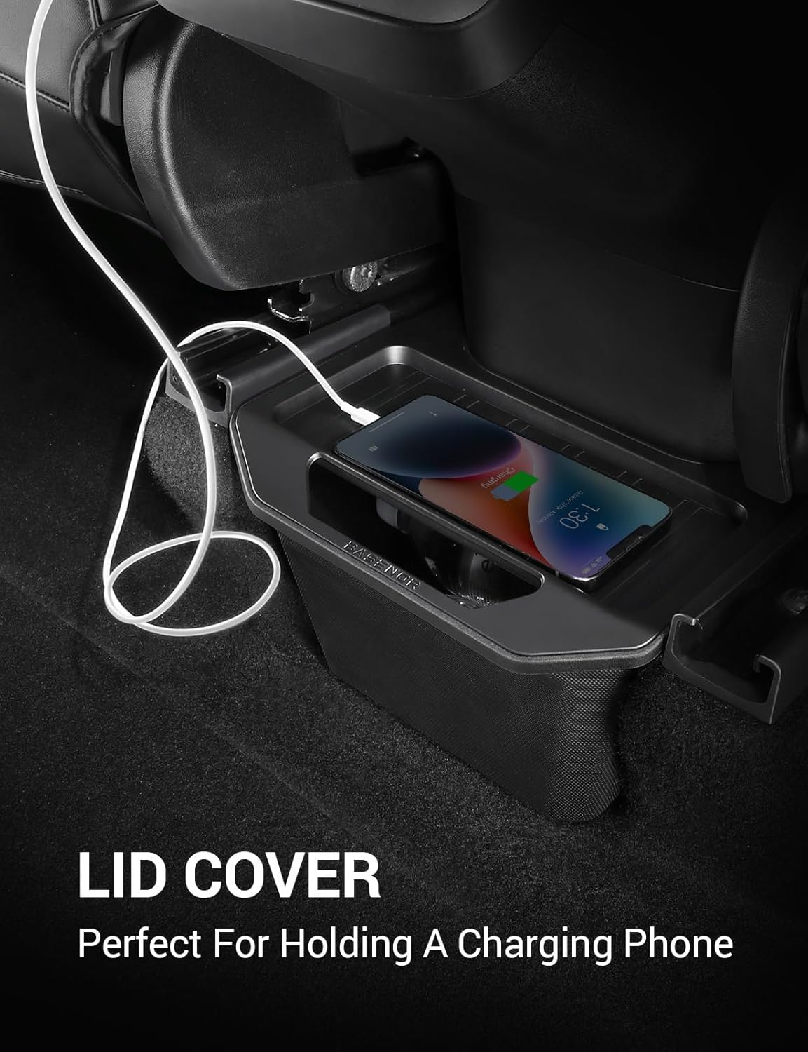 Rear Seat Organizer for Tesla Model 3/Y &ndash; Hidden Storage Box with Lid, Waterproof & Easy to Install &ndash; Black Interior Accessory for Daily Commute & Family Travel