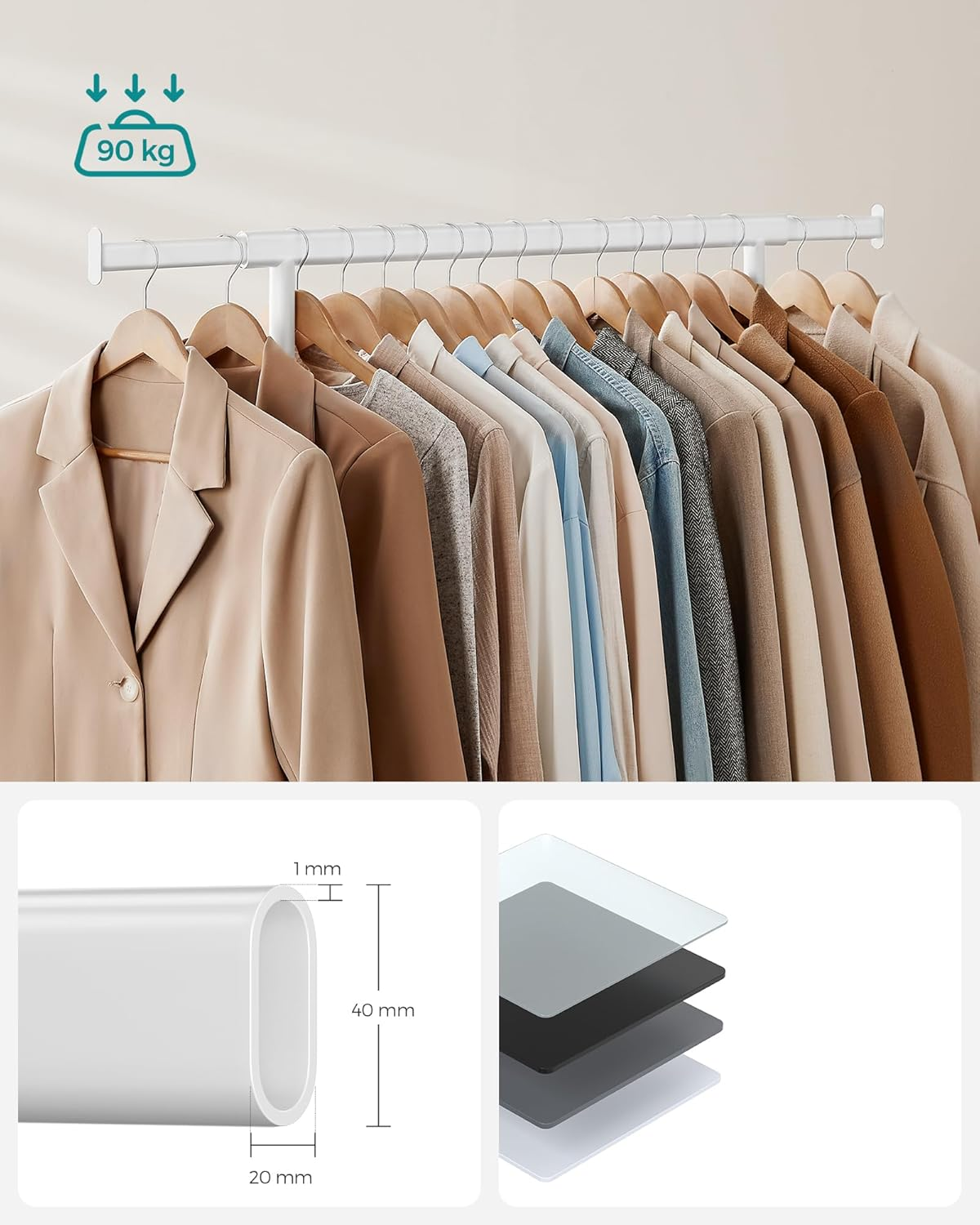 SONGMICS Clothes Rack on Wheels, Heavy Duty Clothes Rail, 45 X (92-132) X 161.5 Cm, with Extendable Hanging Rail, 100 Kg Load Capacity, Easy Assembly, Portable, White HSR013W01 image number 4