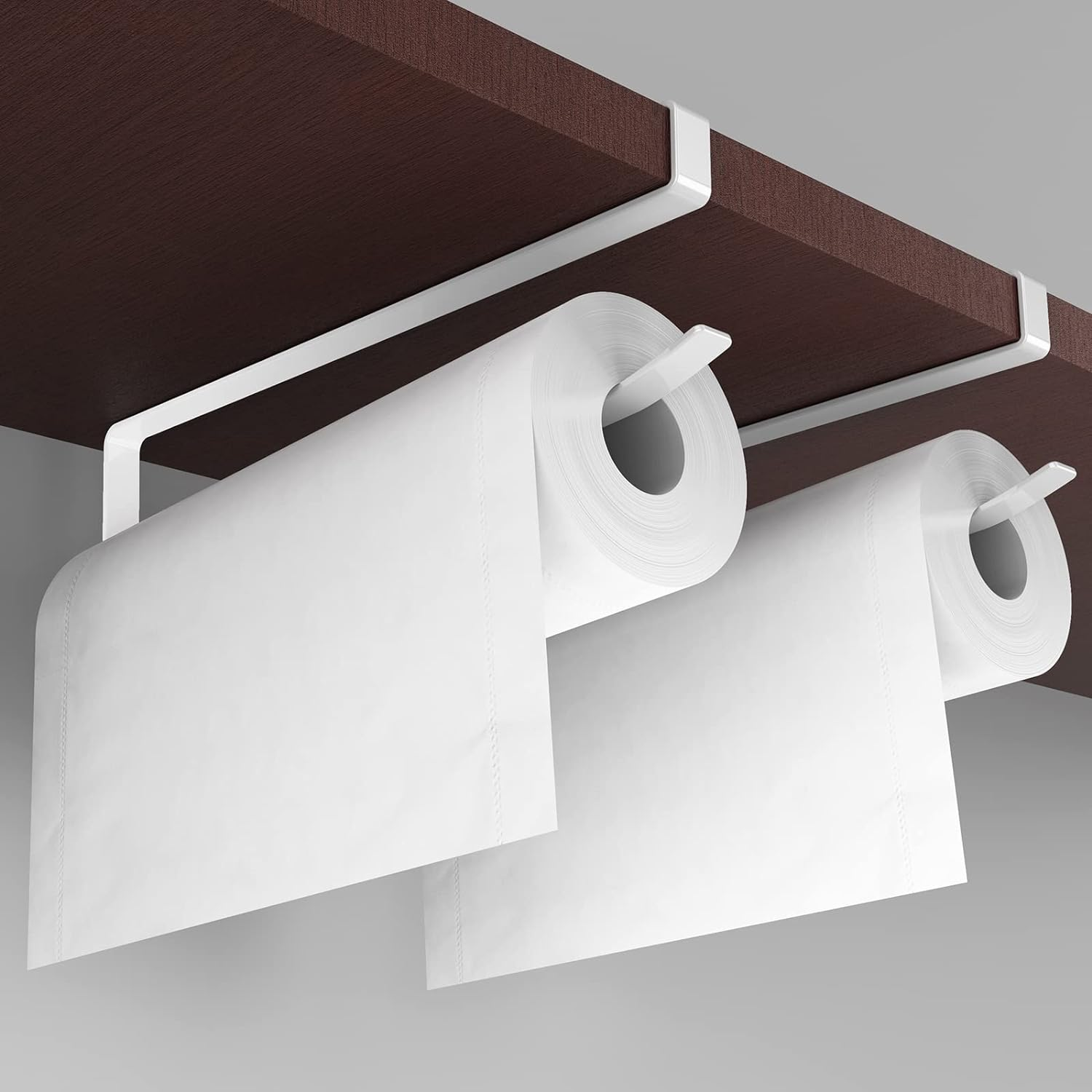 Paper Roll Holder, KIKISML 2 Pack Paper Towel Holder Cabinet Hanging Kitchen Roll Hanger Dispenser Storage Rack Towel Necktie Bedroom Toilet Organization Storage [No Drilling No Tool Required], White image number 2