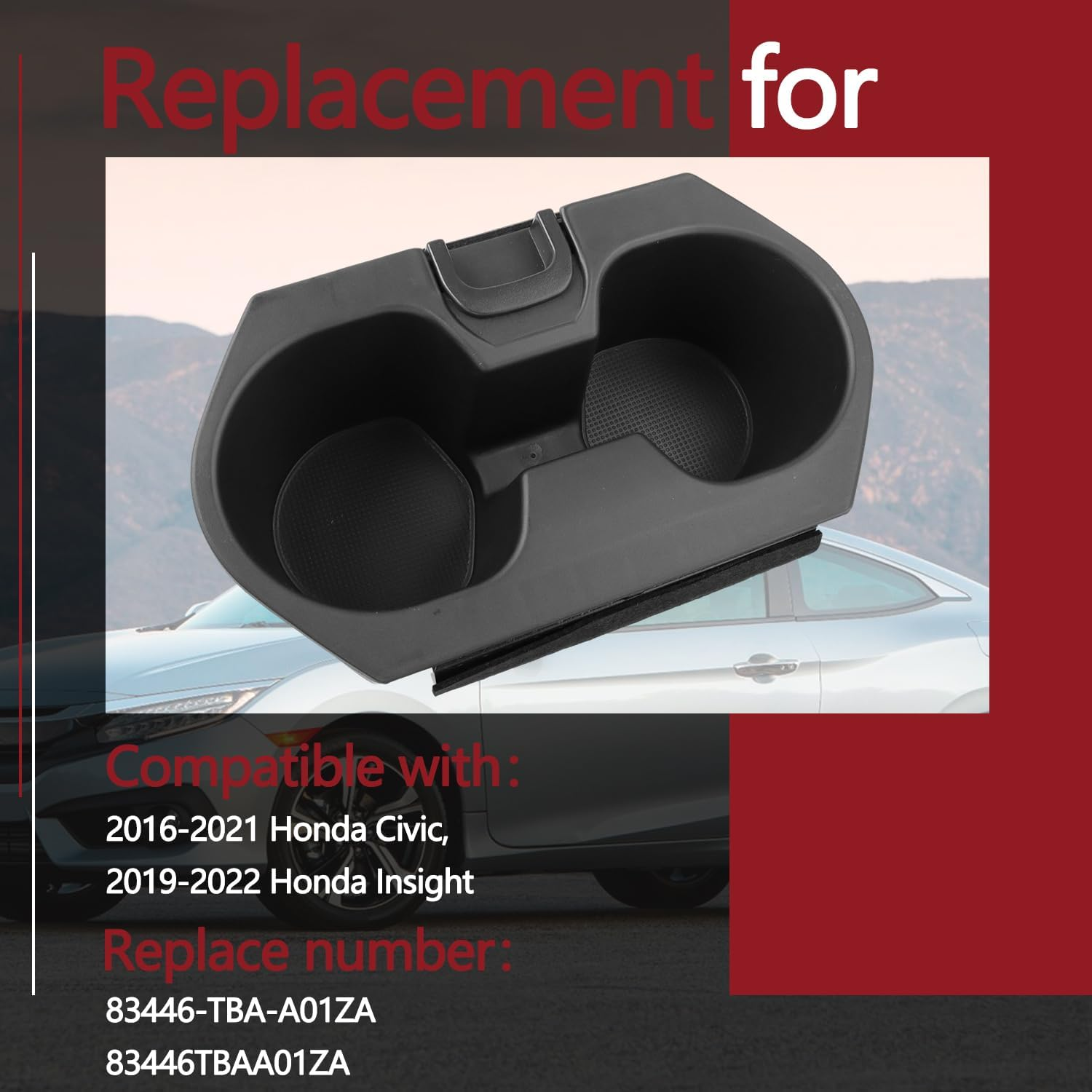 Cup Holder Insert Accessories for Honda Civic 2016-2021 Lx Ex Si Sport Hatchback Coupe Sedan Insight,Center Console Drink Bottle Cup Holder Adapter Replace 83446-TBA-A01ZA (Black) image number 2