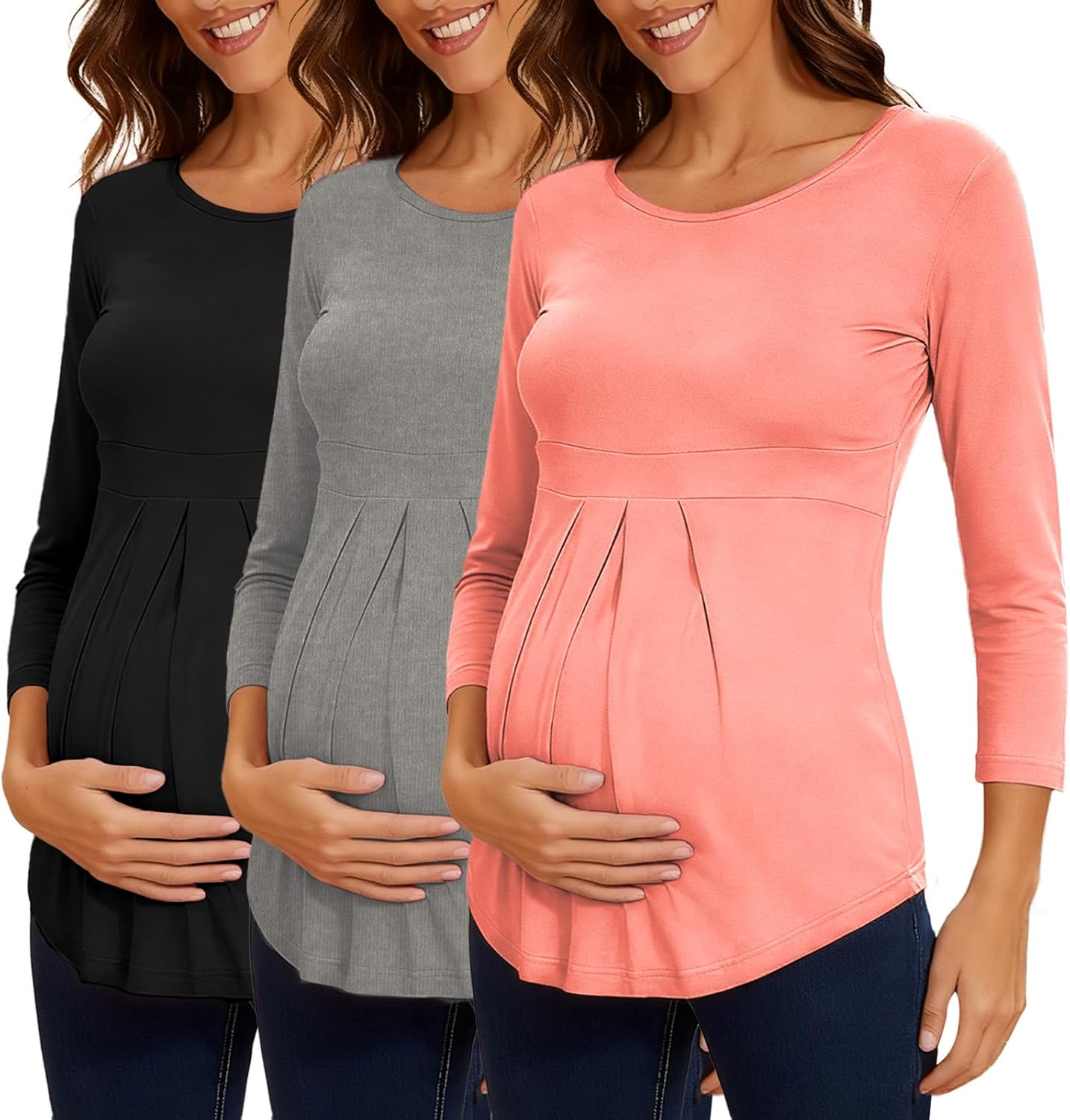 Ecavus Womens Maternity Shirts 3-Pack Short Sleeve Tops Empire Waist Pleated Front Maternity Clothes for Work and Casual image number 1
