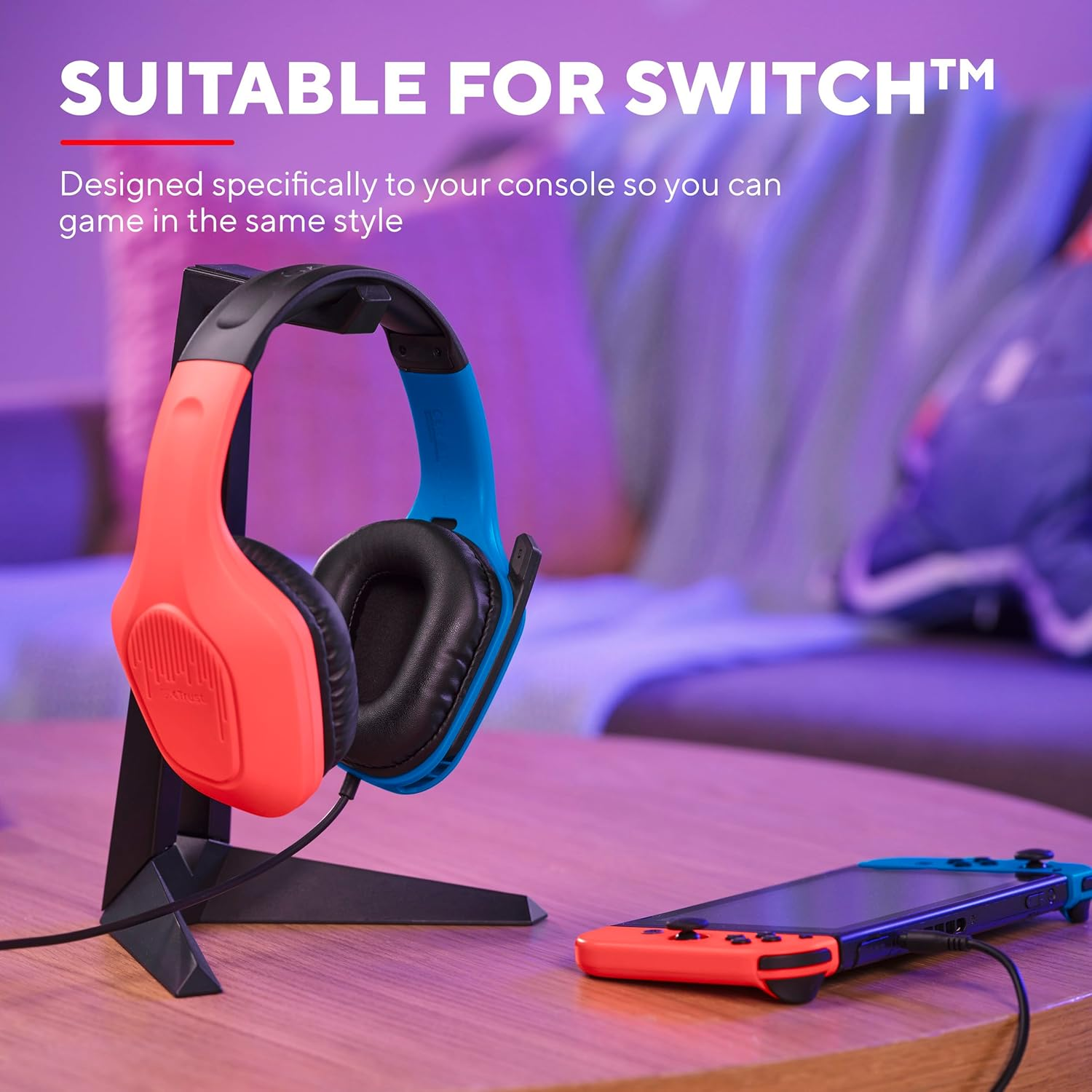 Trust Gaming GXT 416S Zirox Lightweight Gaming Headset for Nintendo Switch Consoles with 50Mm Drivers, 3.5 Mm Jack, 1.2M Cable, Foldaway Microphone, Over-Ear Wired Headphones, Blue/Red image number 2