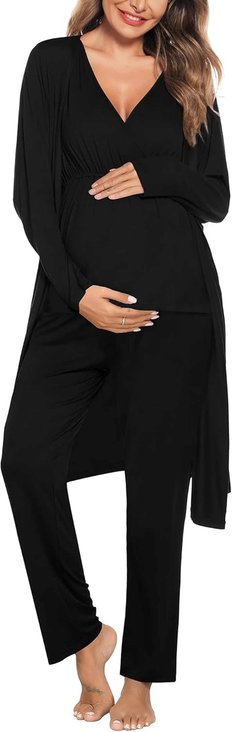 SWOMOG Maternity Nursing Robe Set 3 Piece Postpartum Breastfeeding Pajamas 3 in 1 Hospital Labor Delivery Pregnancy Pjs image number 5