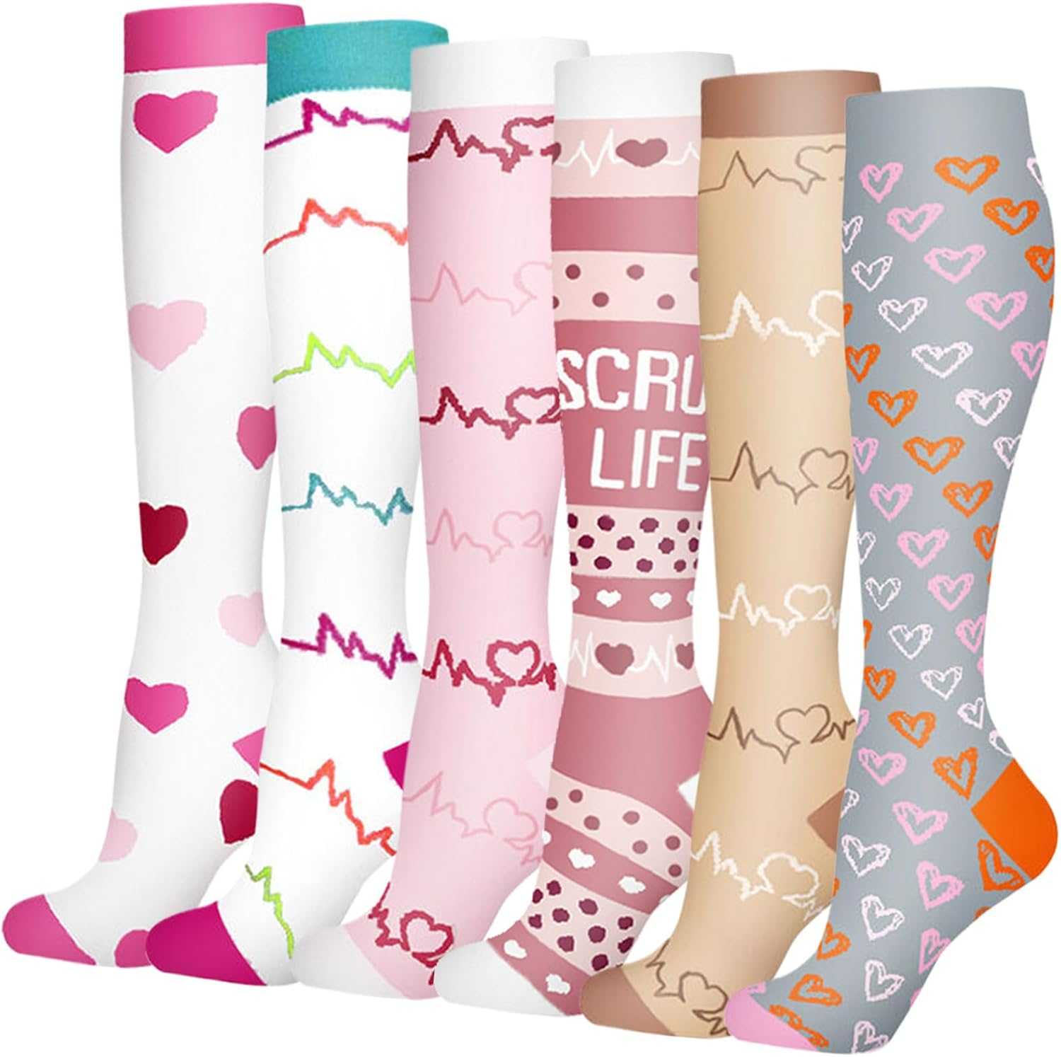 Dress Cici Compression Socks for Women, Heart, Dot, Striped, Floral, Animal, Ribbon, Tree, Geometric, Fruit, Food, Gradual, Knee High Compression Stockings Sock (6 Pairs) image number 4