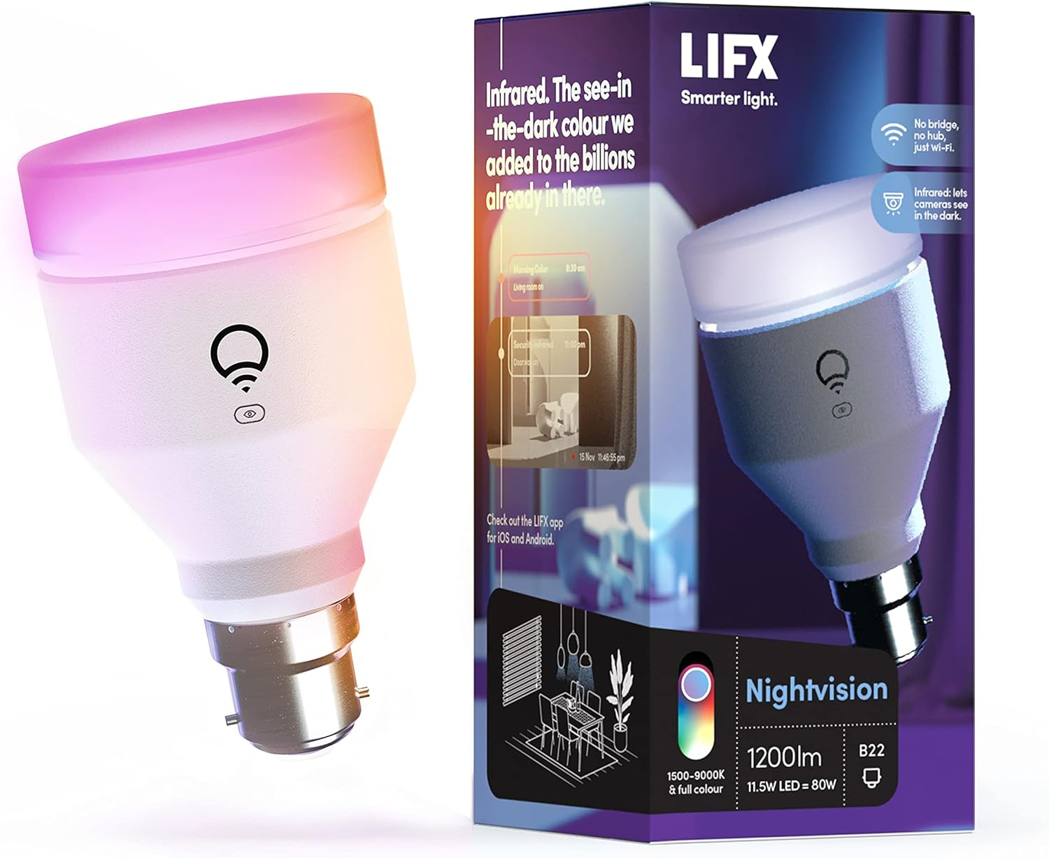 LIFX Nightvision A60 1200 Lumens [B22 Bayonet Cap], Full Colour with Infrared, Wi-Fi Smart LED Light Bulb, No Bridge Required, Compatible with Alexa, Hey Google, Homekit and Siri. image number 5