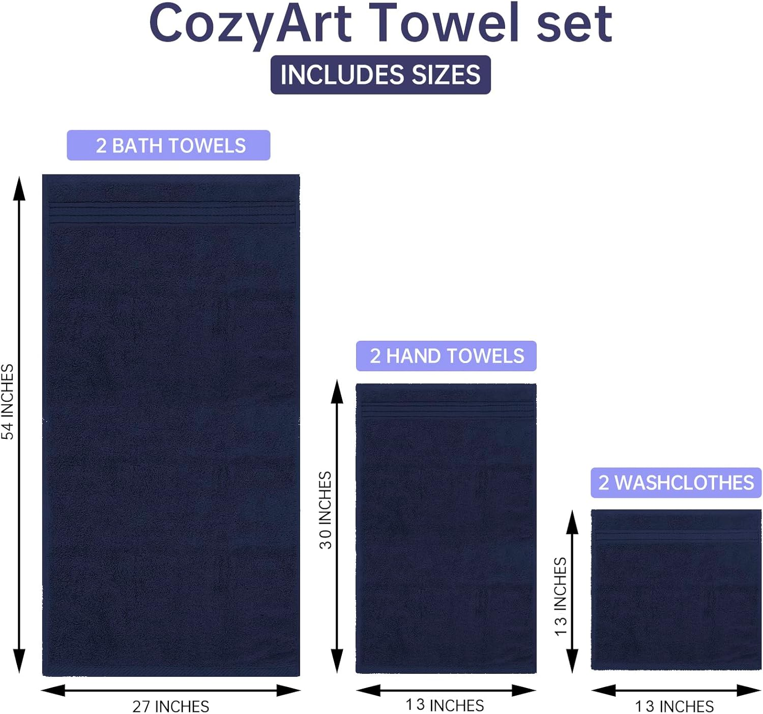 COZYART Navy Blue Bath Towels Set, Turkish Cotton Hotel Towels for Bathroom, Bathroom Towels Set of 6 with 2 Bath Towels, 2 Hand Towels, 2 Washcloths, 650 GSM 6 Piece Towel Set image number 4