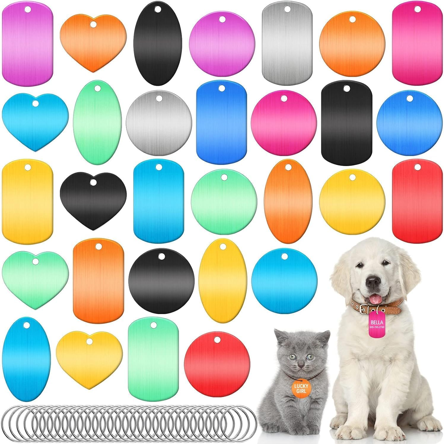 30Pcs Blank Dog Tags for Engraving, Aluminum Pet ID Tags with Rings for DIY Craft Pendant with Hole for Dog Cat Name Phone Number Metal Stamping Tags image number 5