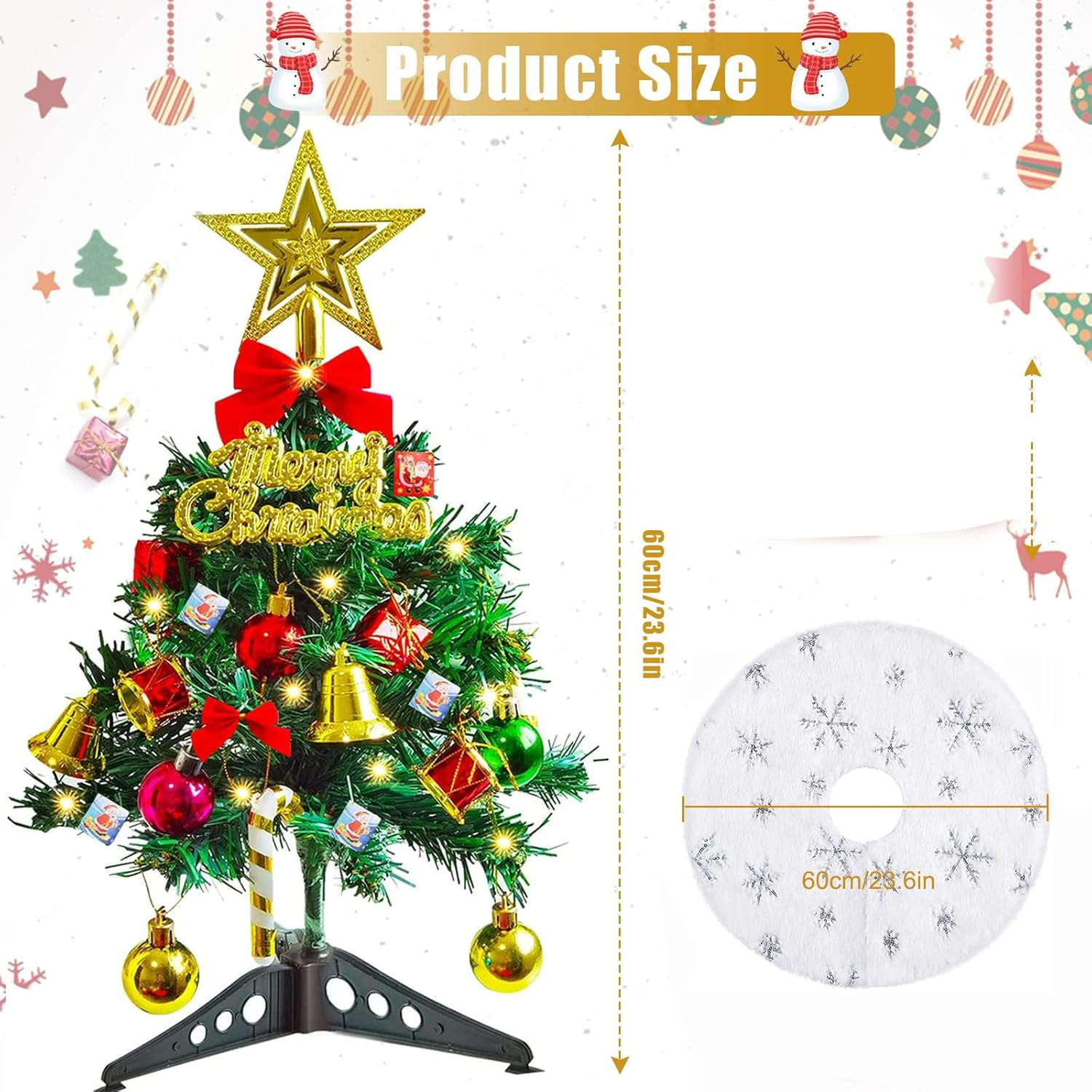 Mini Christmas Tree, 23.6Inch Artificial Tabletop Christmas Tree Ball Ornaments Led String Light for Home Office Shop Desktop Xmas Party Decoration image number 4