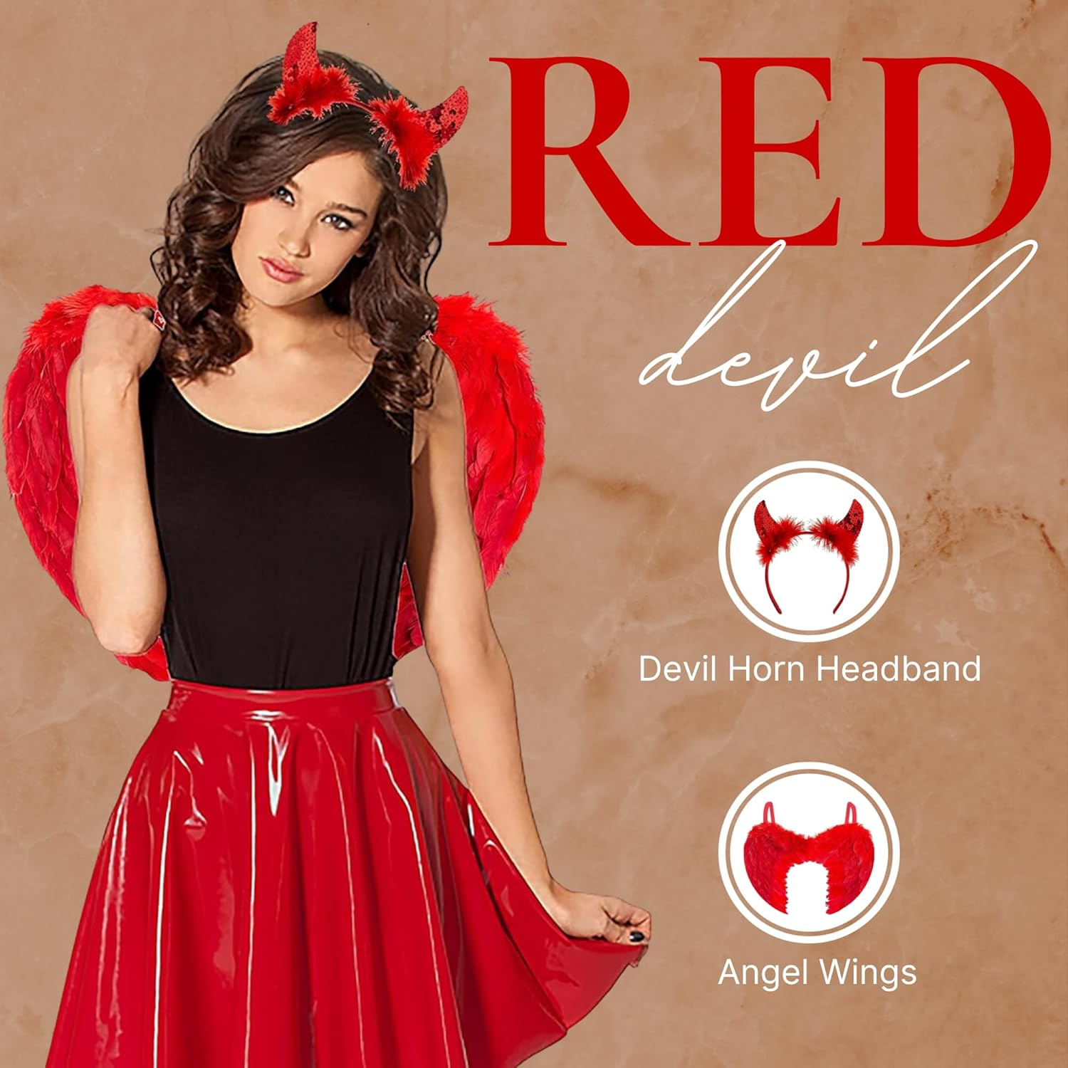 Red Angel Wings and Sequin Devil Horns - Red Feather Wings and Horns Headband - Halloween or Carnival Party Costume, Children or Adults Fancy Dress Outfit image number 5